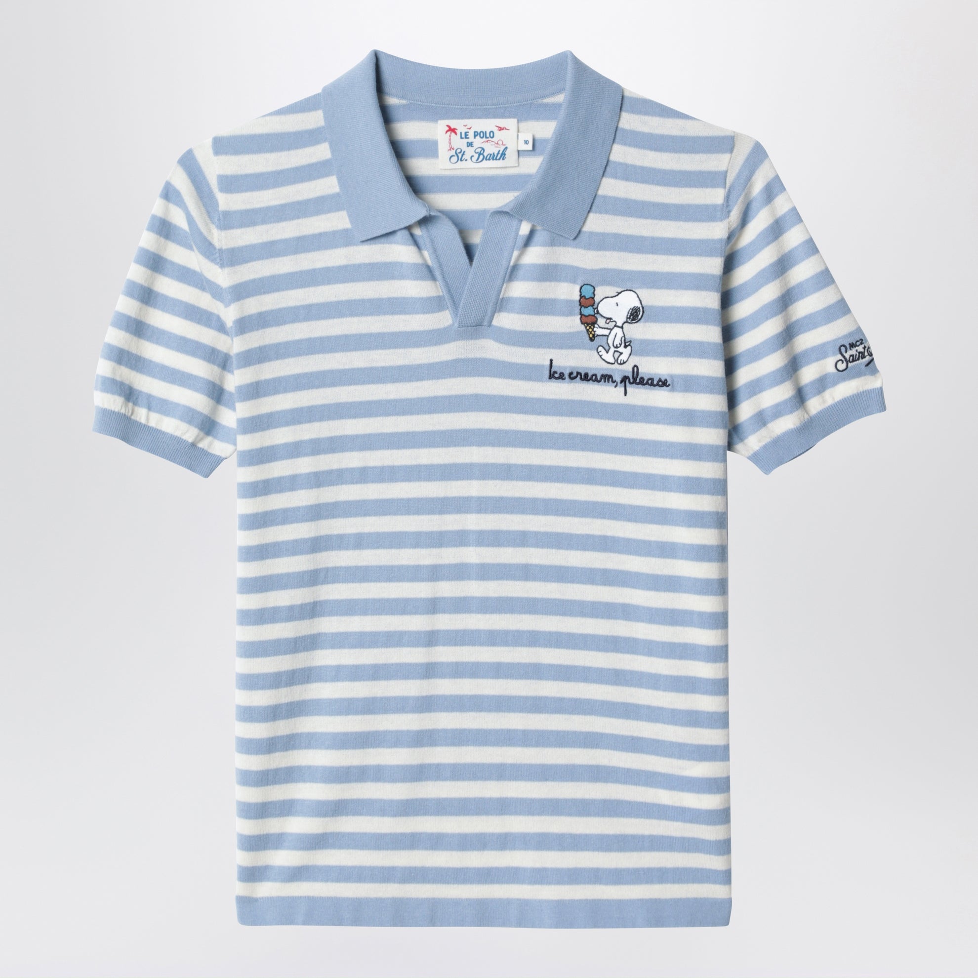 White/light blue striped polo shirt with Snoopy embroidery