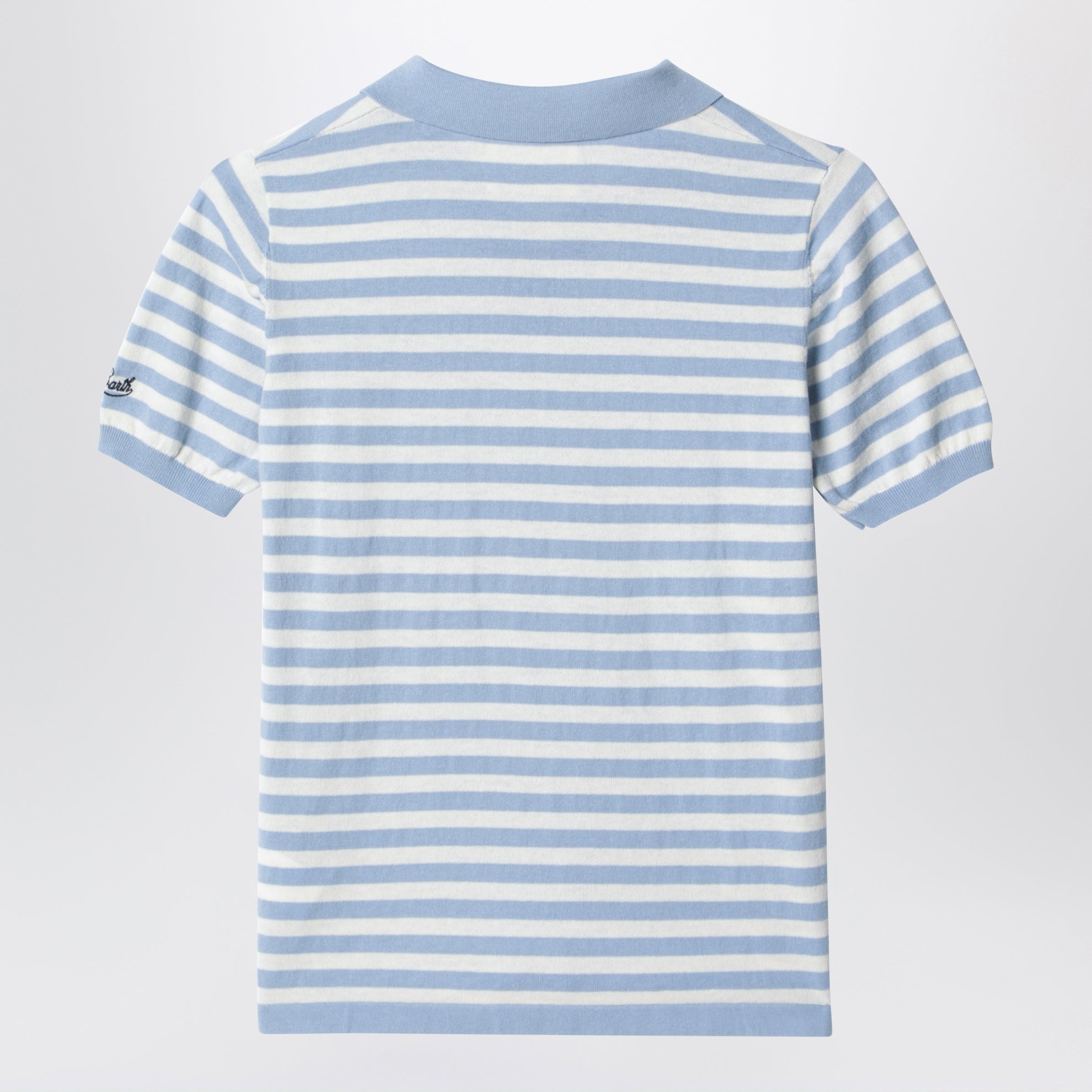 White/light blue striped polo shirt with Snoopy embroidery