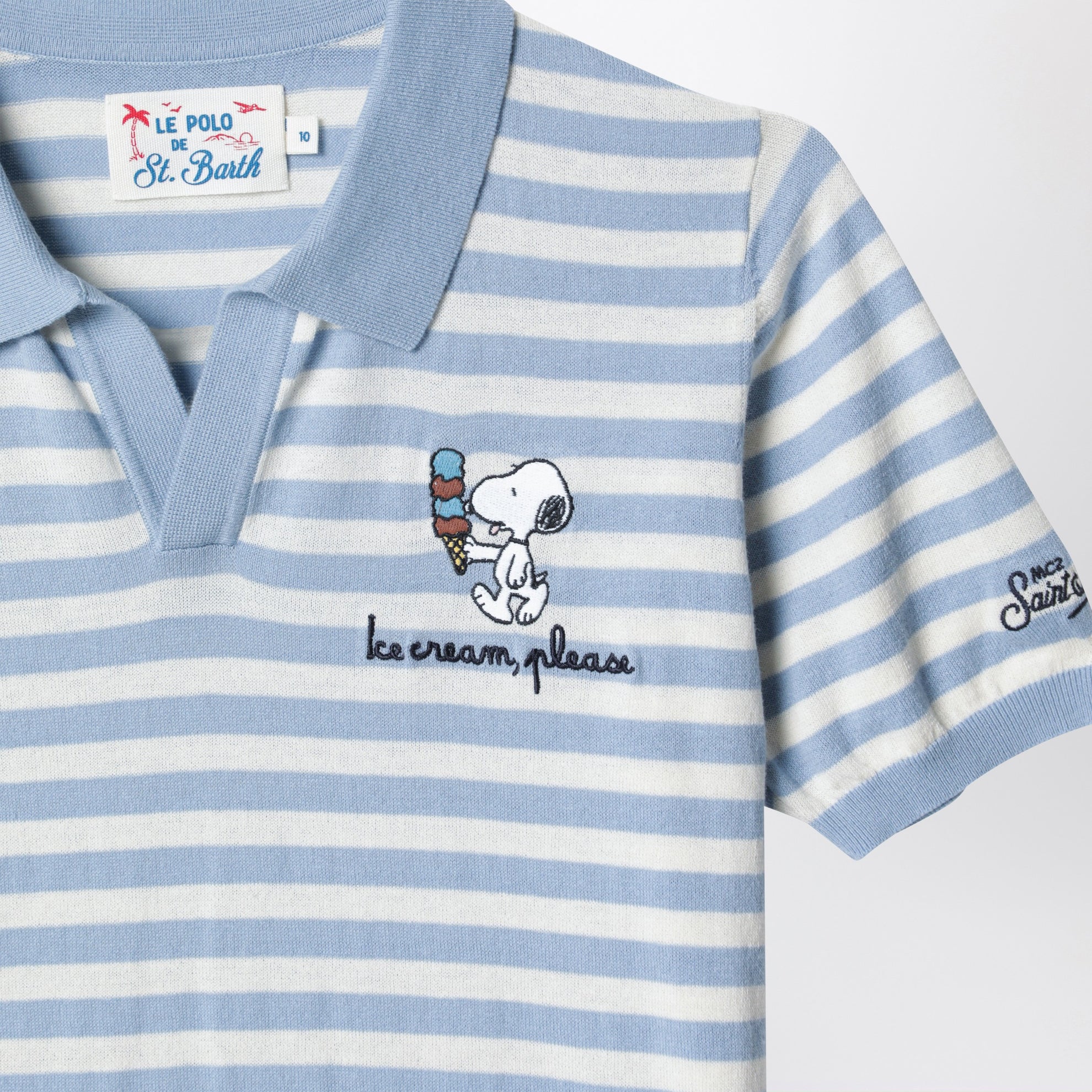 White/light blue striped polo shirt with Snoopy embroidery