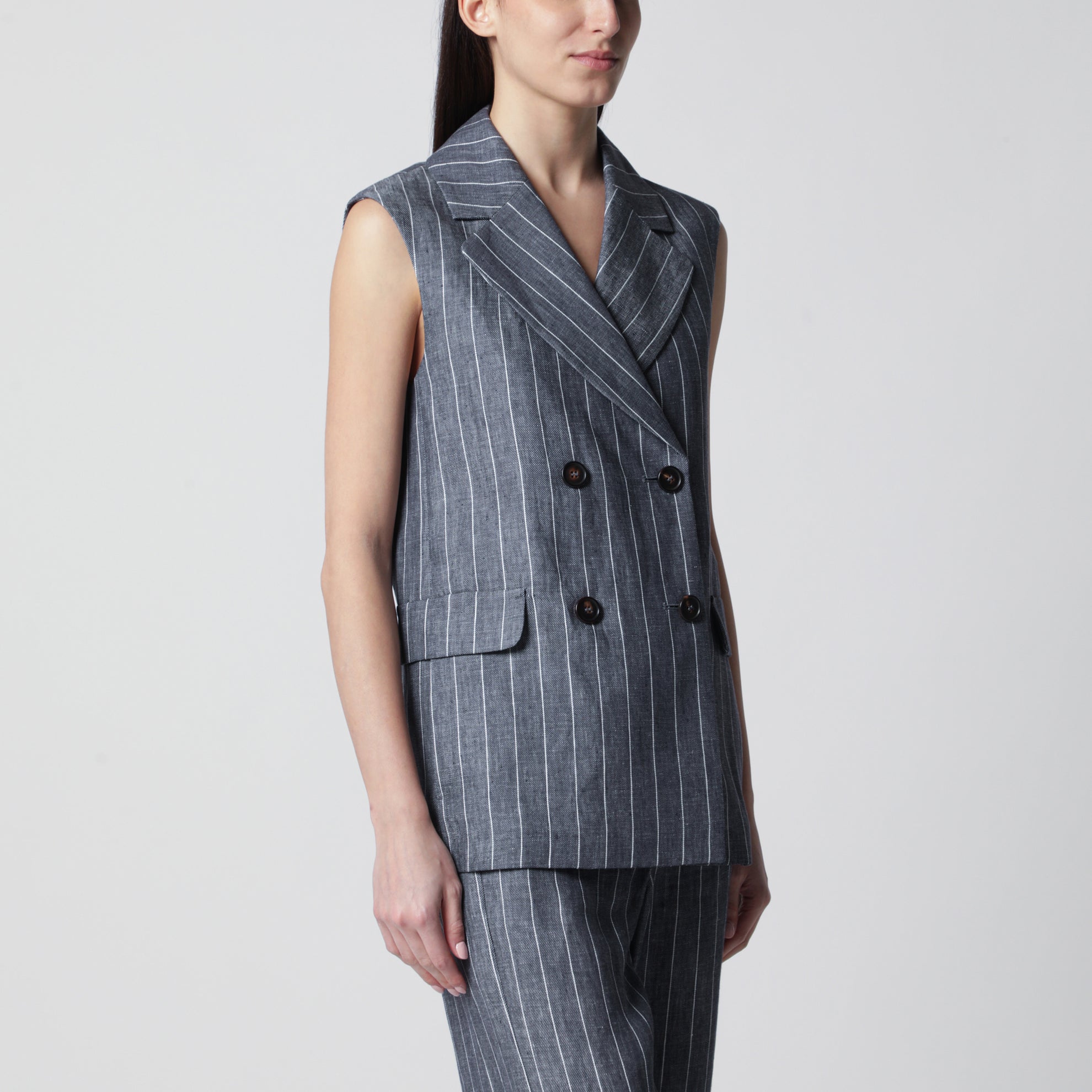 Double-Breasted Pinstripe Linen Vest