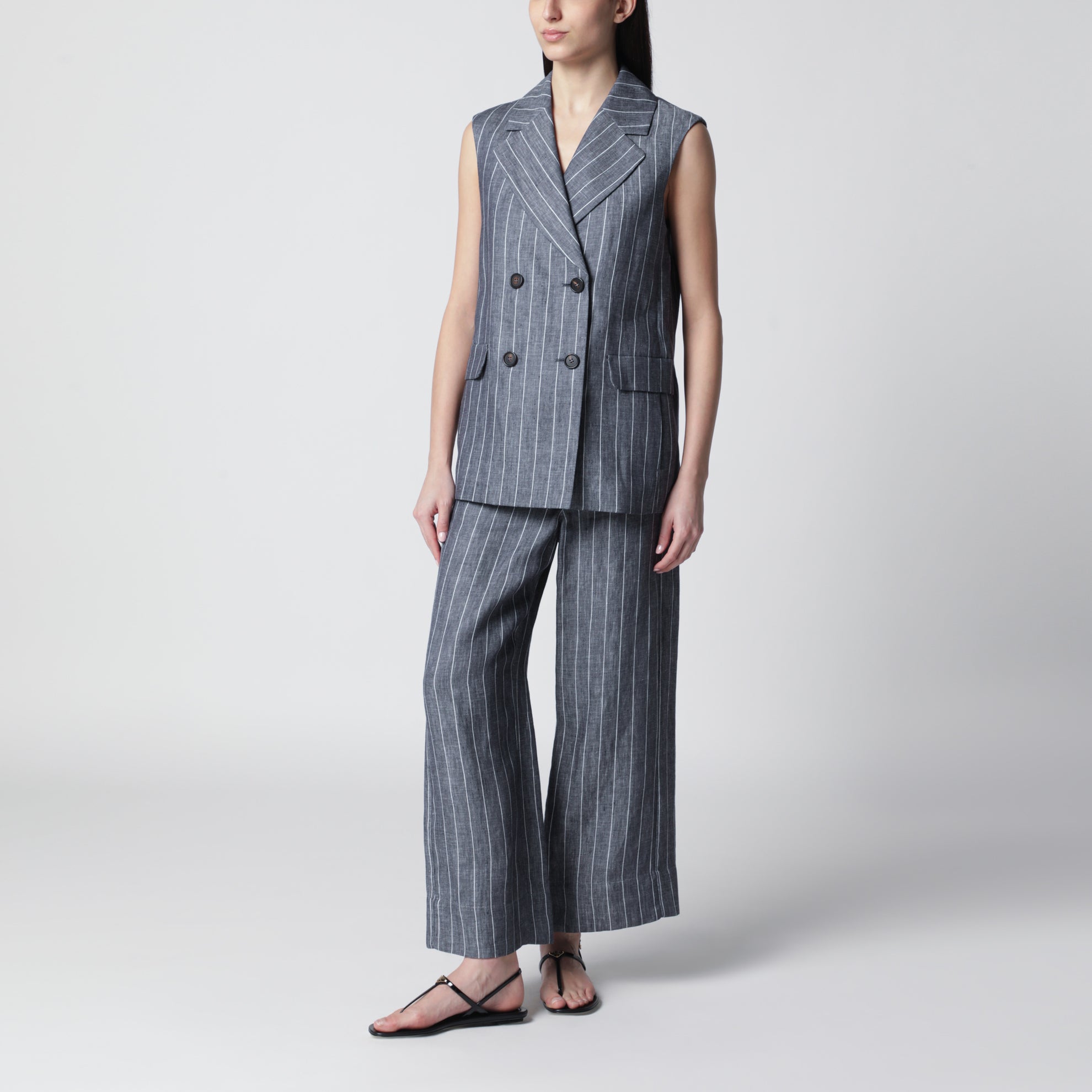 Double-Breasted Pinstripe Linen Vest