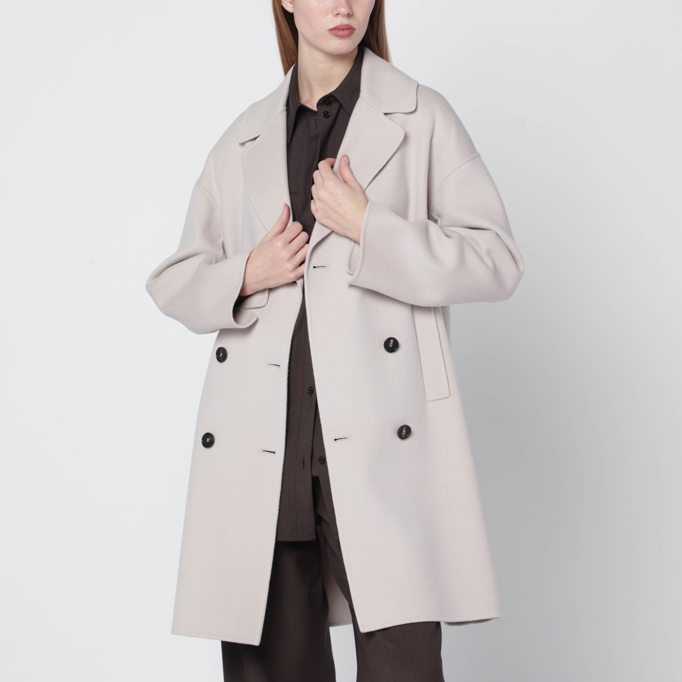 Cappotto midi color sabbia in drap di lana