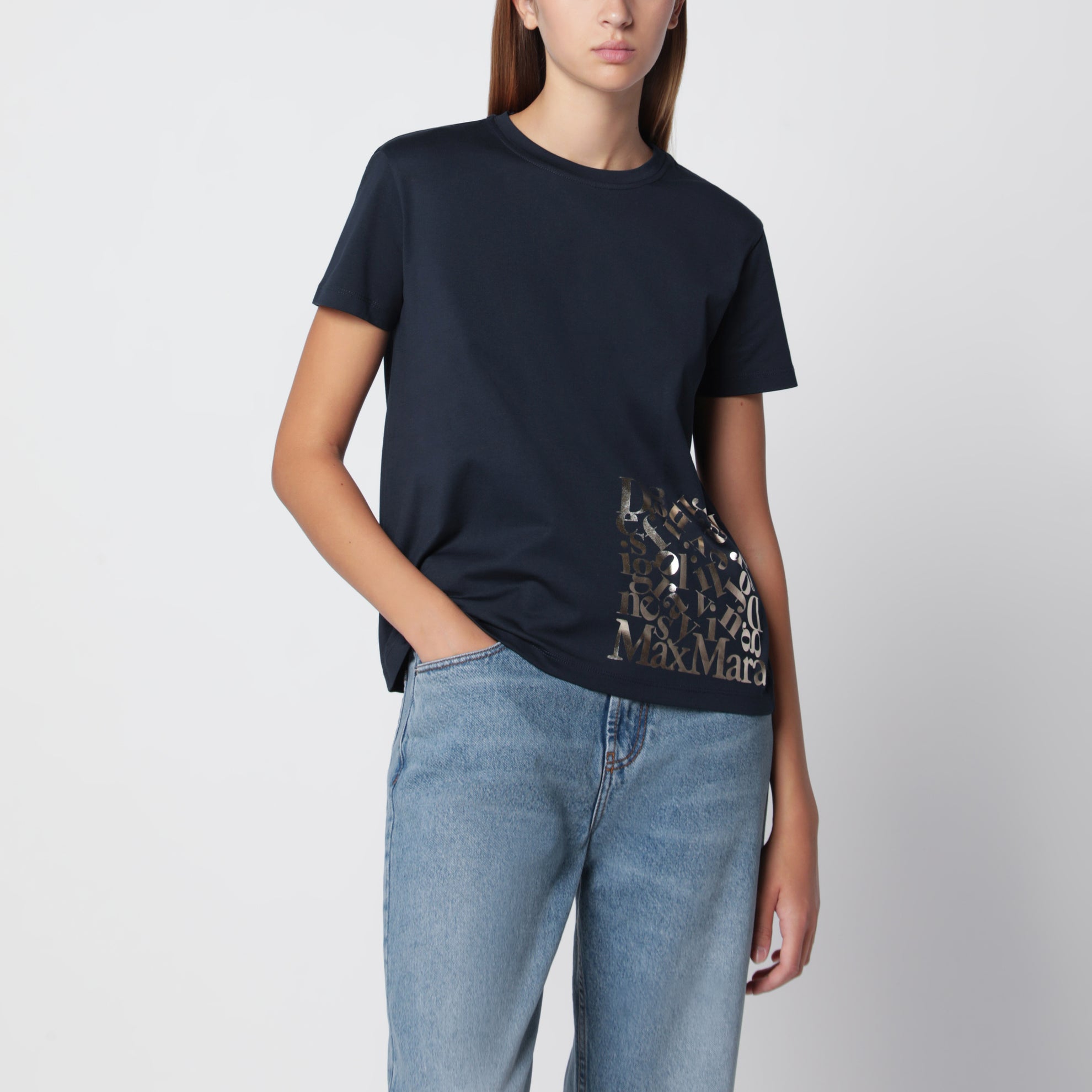 Marineblaues Baumwoll-T-Shirt mit Logoprint