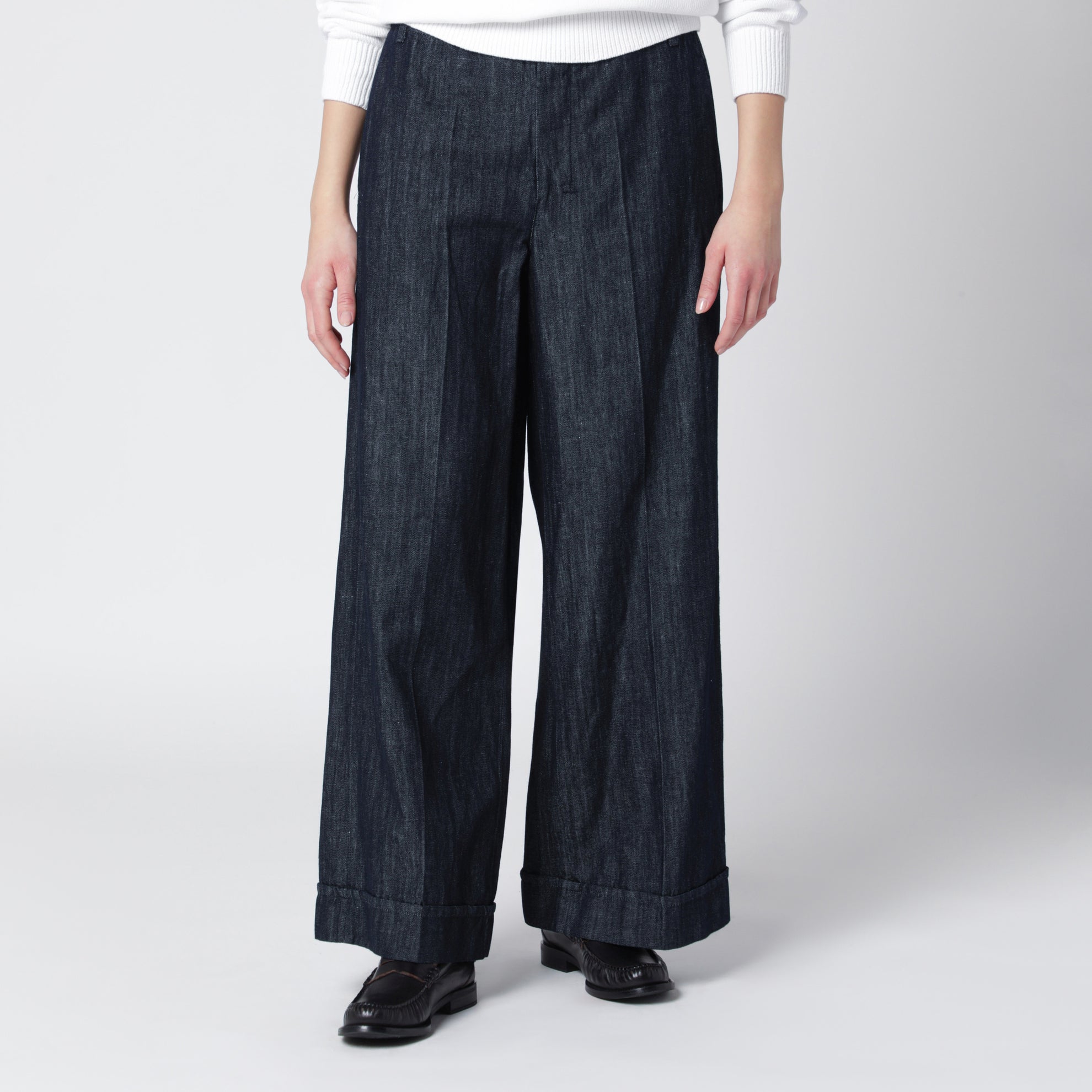 Pantalone dritto in denim di cotone e lino blu notte