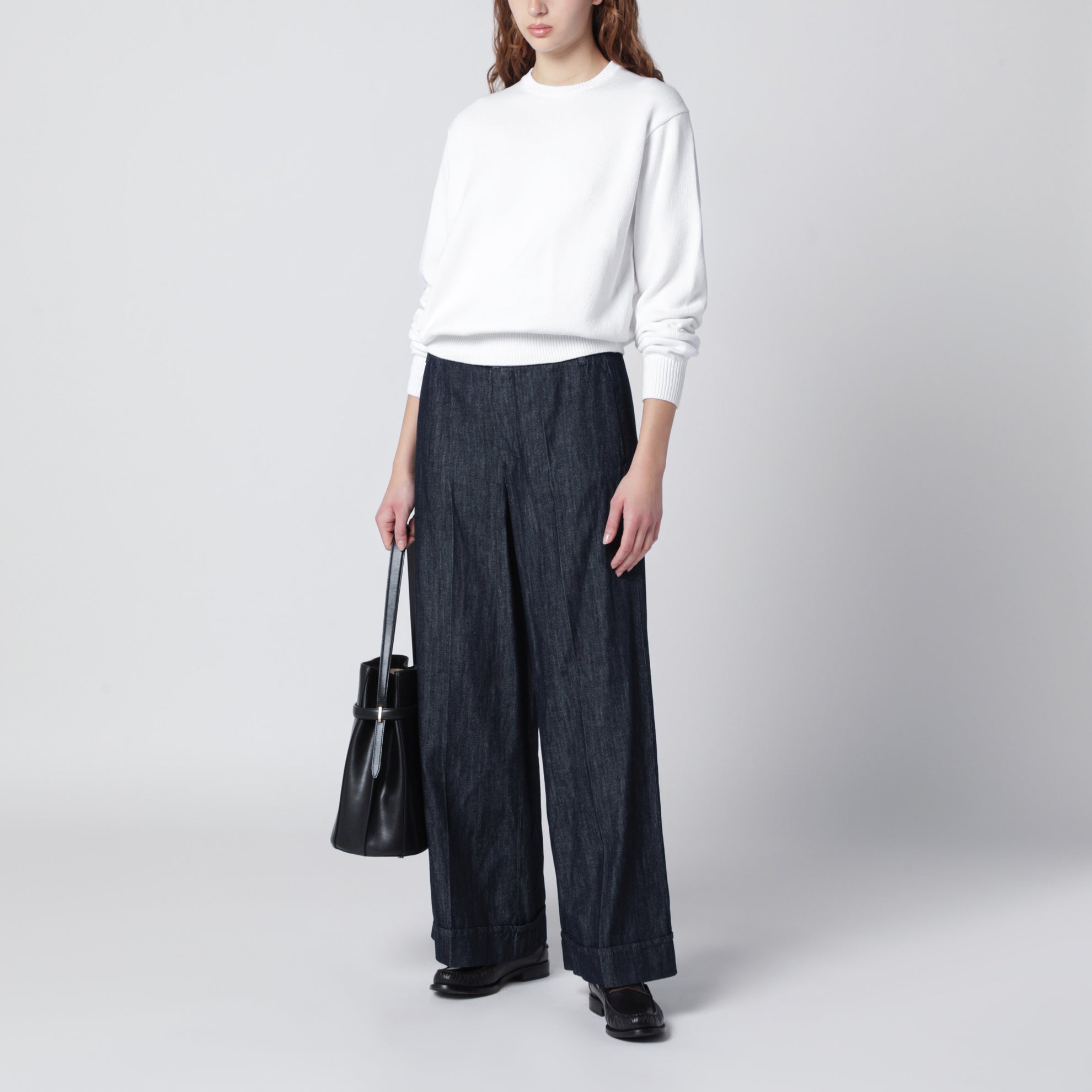 Pantalone dritto in denim di cotone e lino blu notte