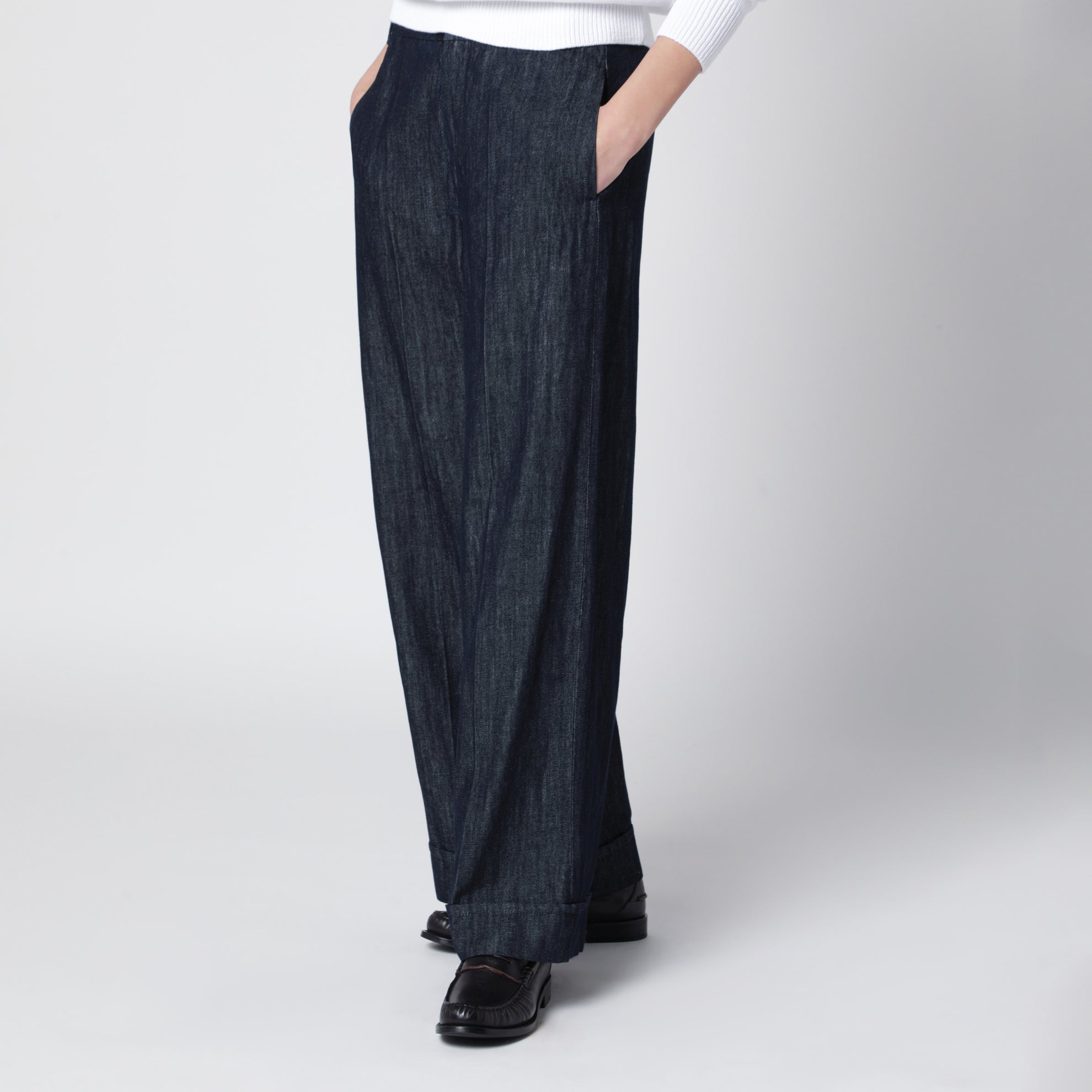 Pantalone dritto in denim di cotone e lino blu notte