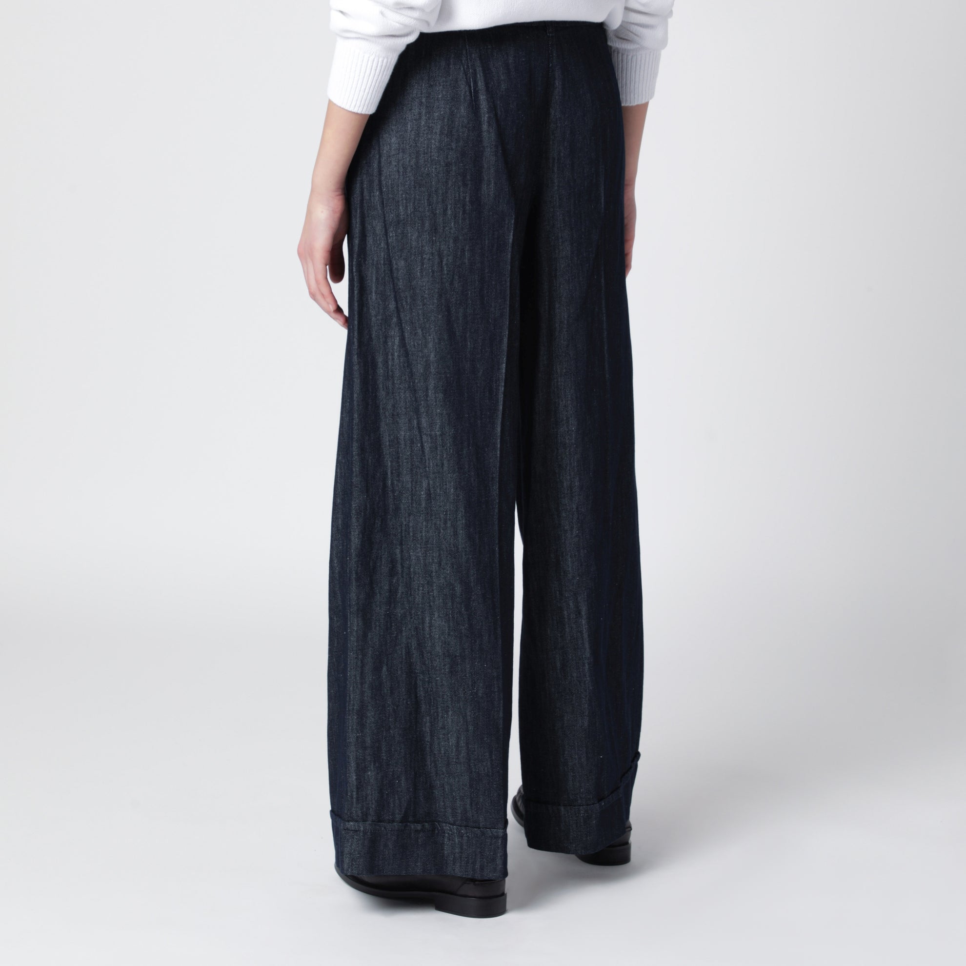 Pantalone dritto in denim di cotone e lino blu notte