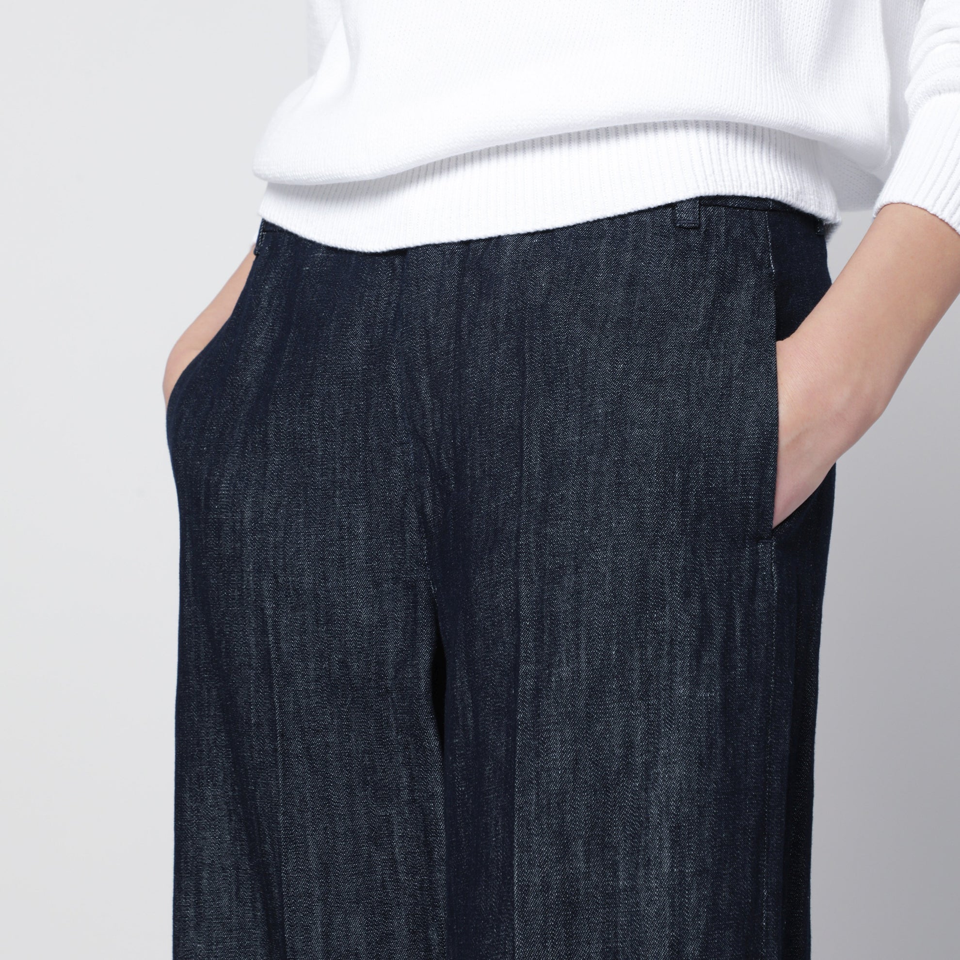 Pantalone dritto in denim di cotone e lino blu notte