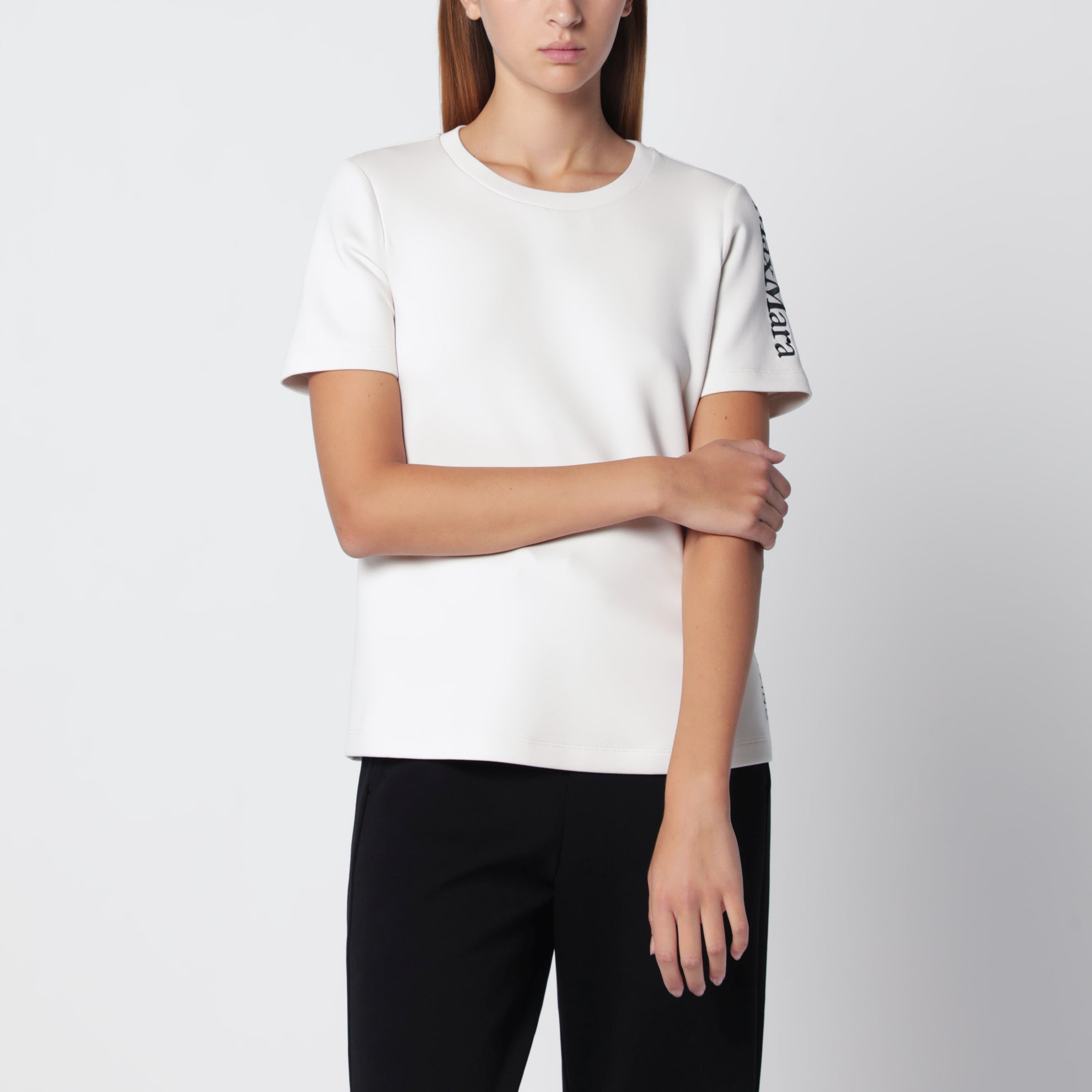 Écru Baumwollmisch-T-Shirt mit gesticktem Logo
