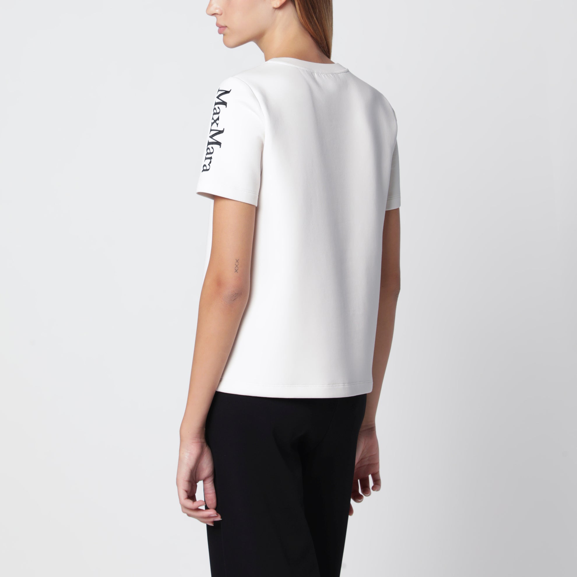 Écru Baumwollmisch-T-Shirt mit gesticktem Logo