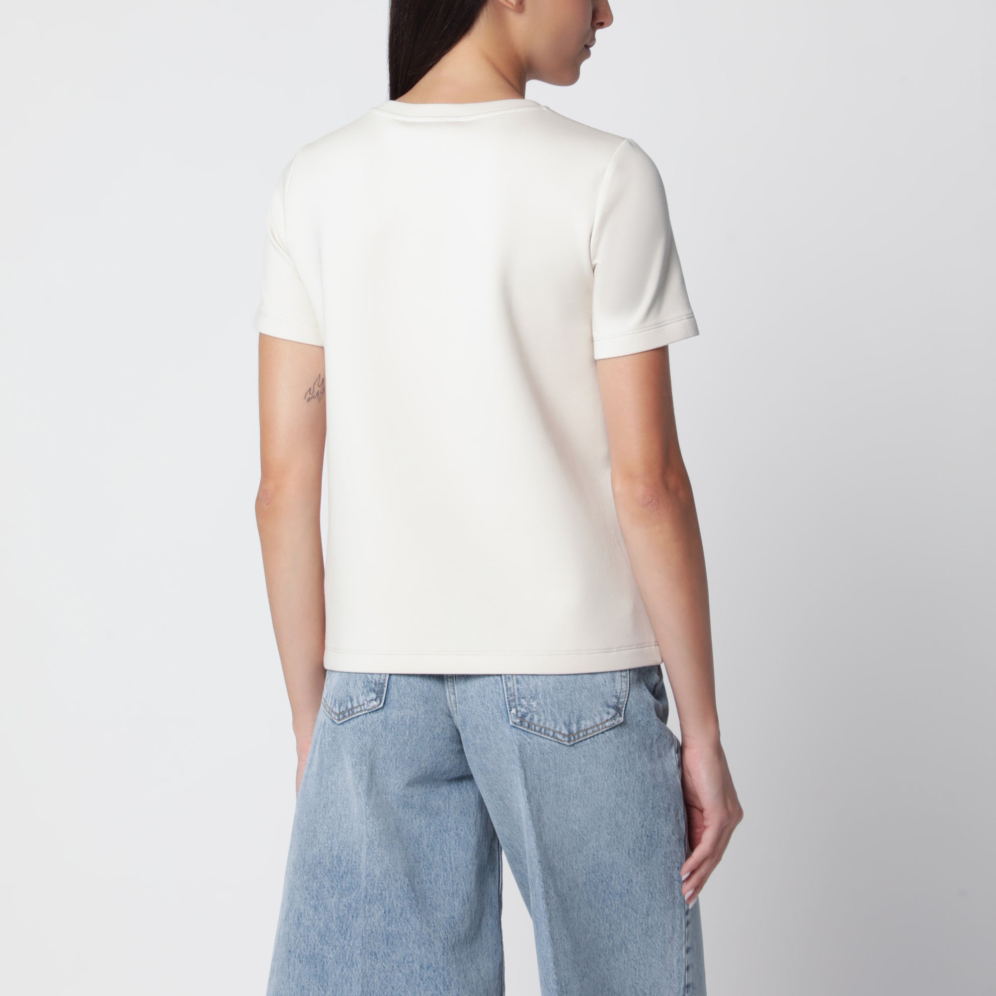 Beiges Baumwollmisch-T-Shirt mit gesticktem Logo