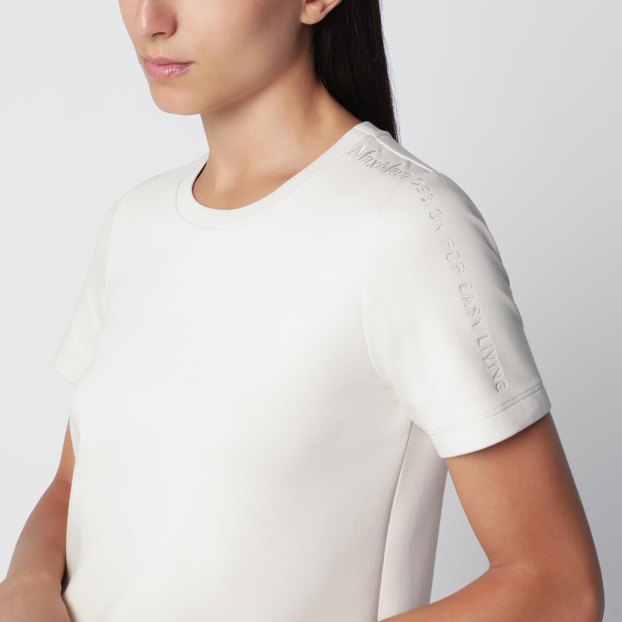 Beiges Baumwollmisch-T-Shirt mit gesticktem Logo