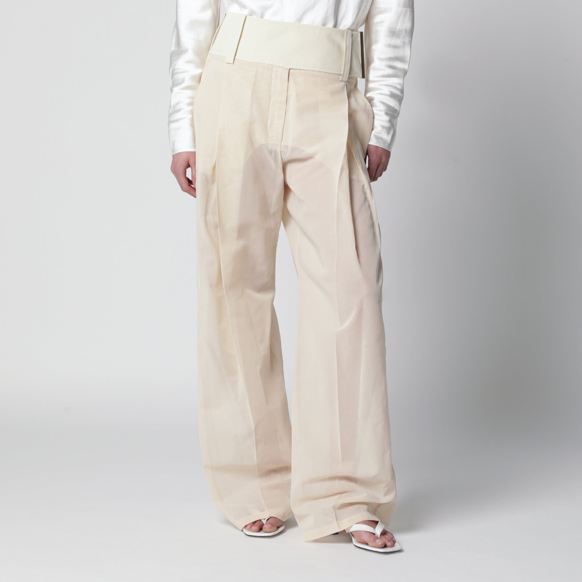 Wide-leg trousers in ecru organza cotton voile