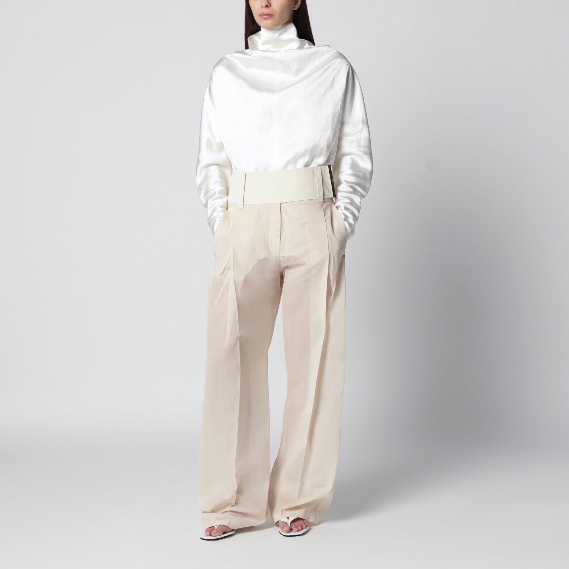 Wide-leg trousers in ecru organza cotton voile