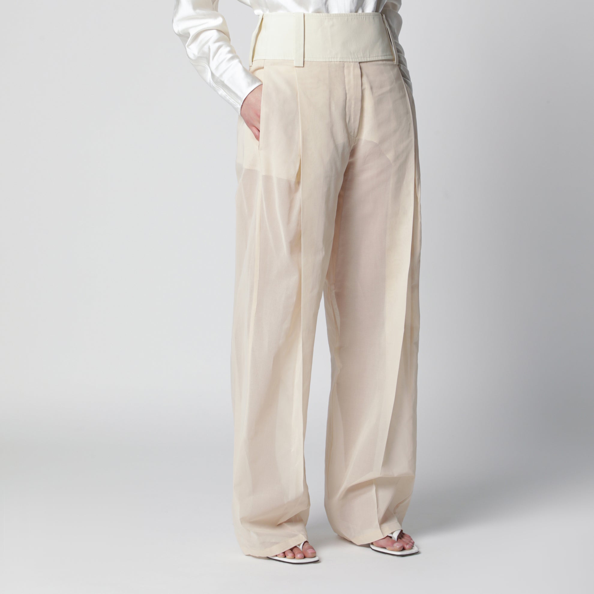 Wide-leg trousers in ecru organza cotton voile