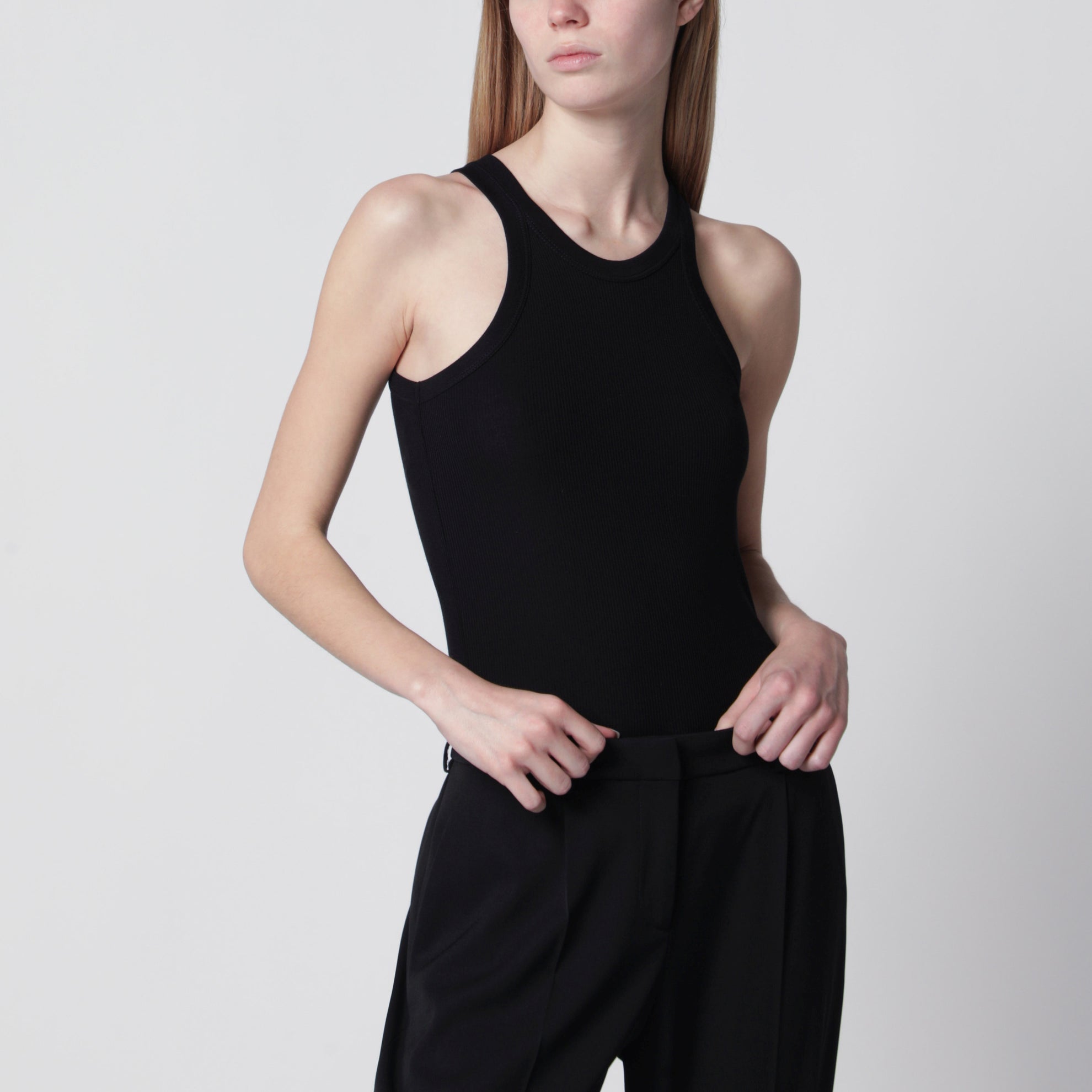 Ribbed cotton and silk halterneck tank top in black