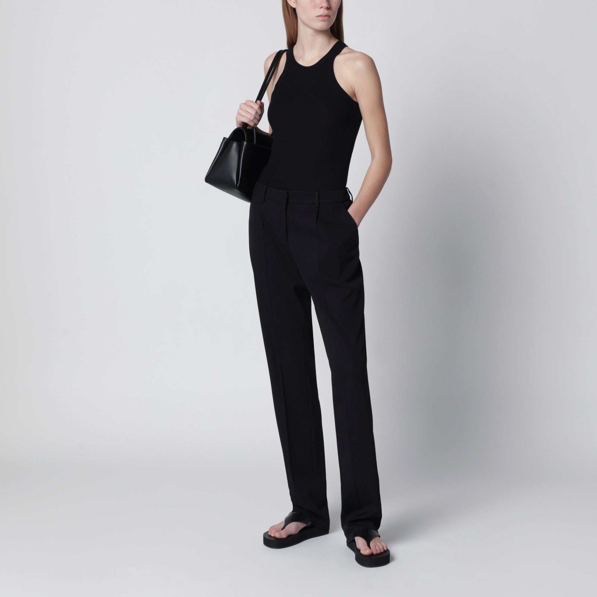 Ribbed cotton and silk halterneck tank top in black