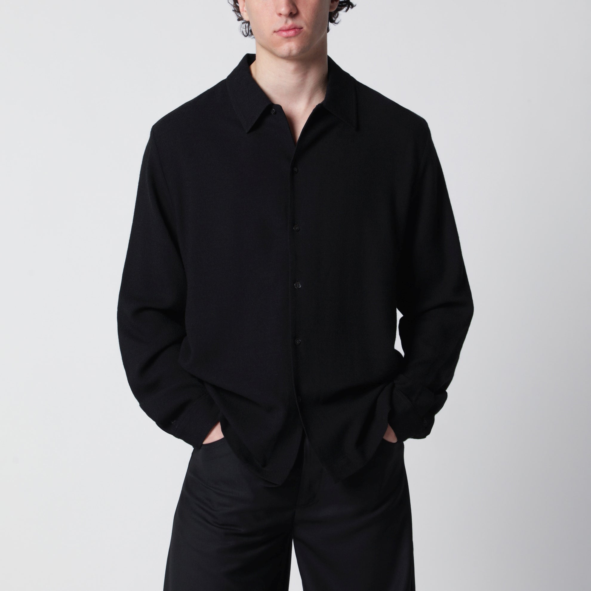 Sense black wool-blend crêpe shirt