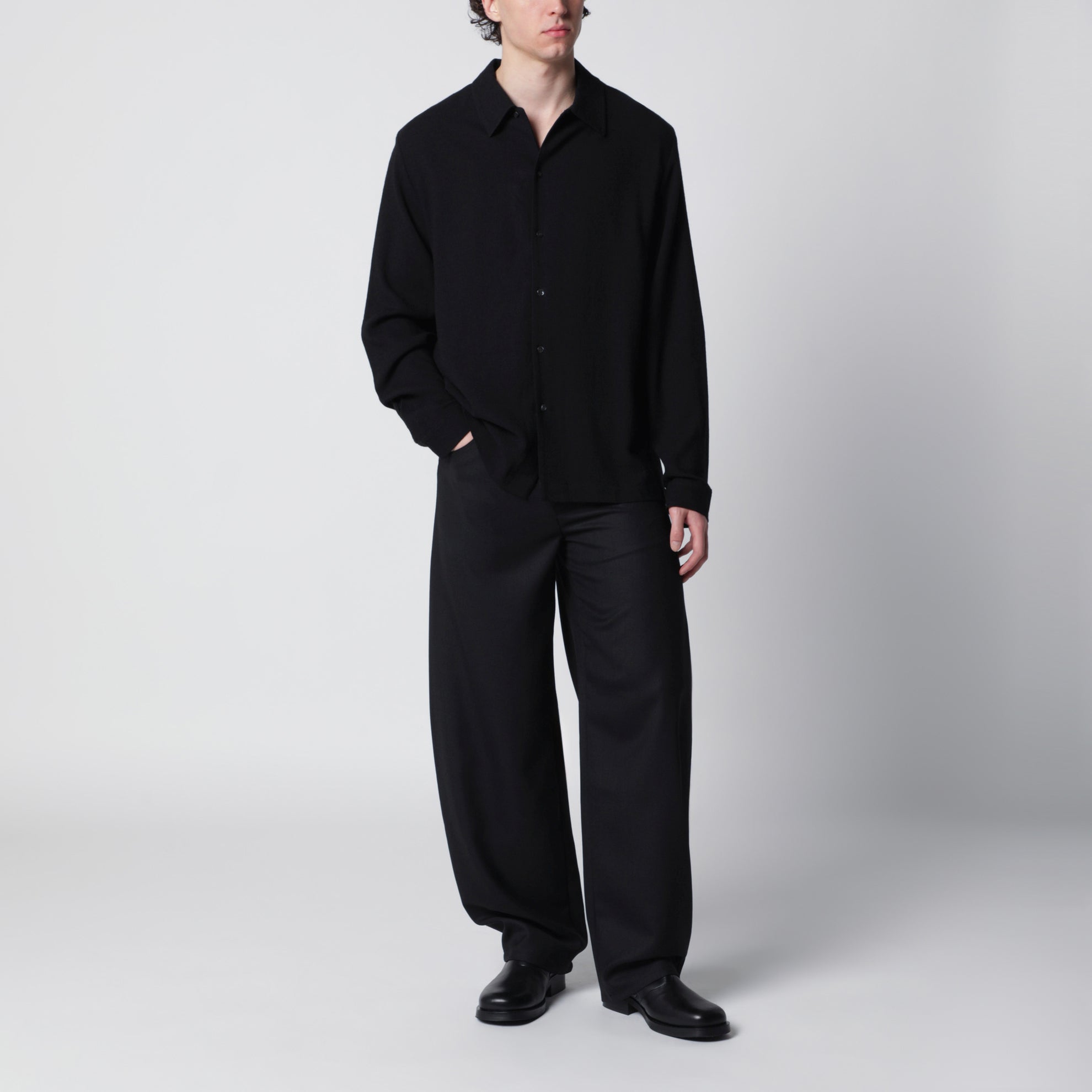Sense black wool-blend crêpe shirt