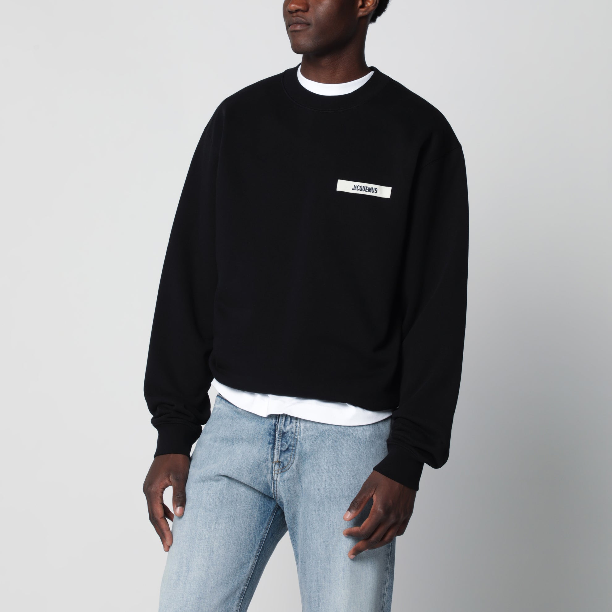 Sweat à col rond noir avec logo en gros-grain