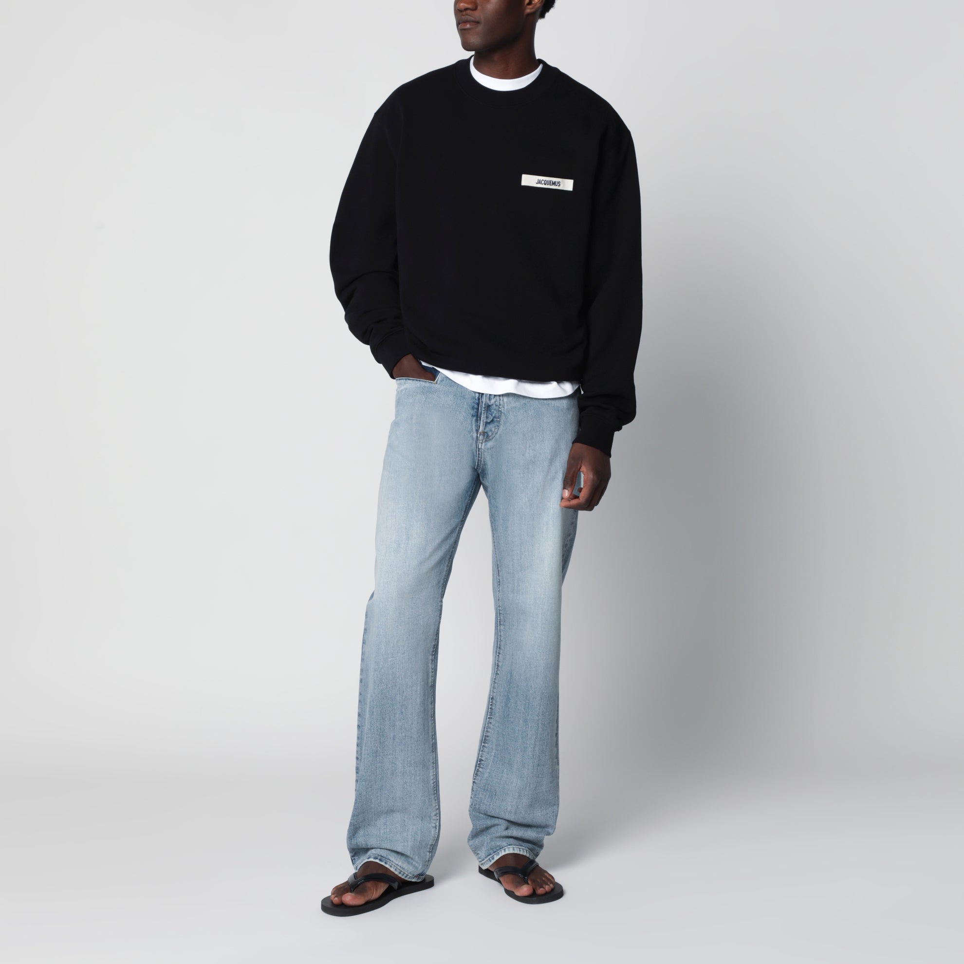 Sweat à col rond noir avec logo en gros-grain