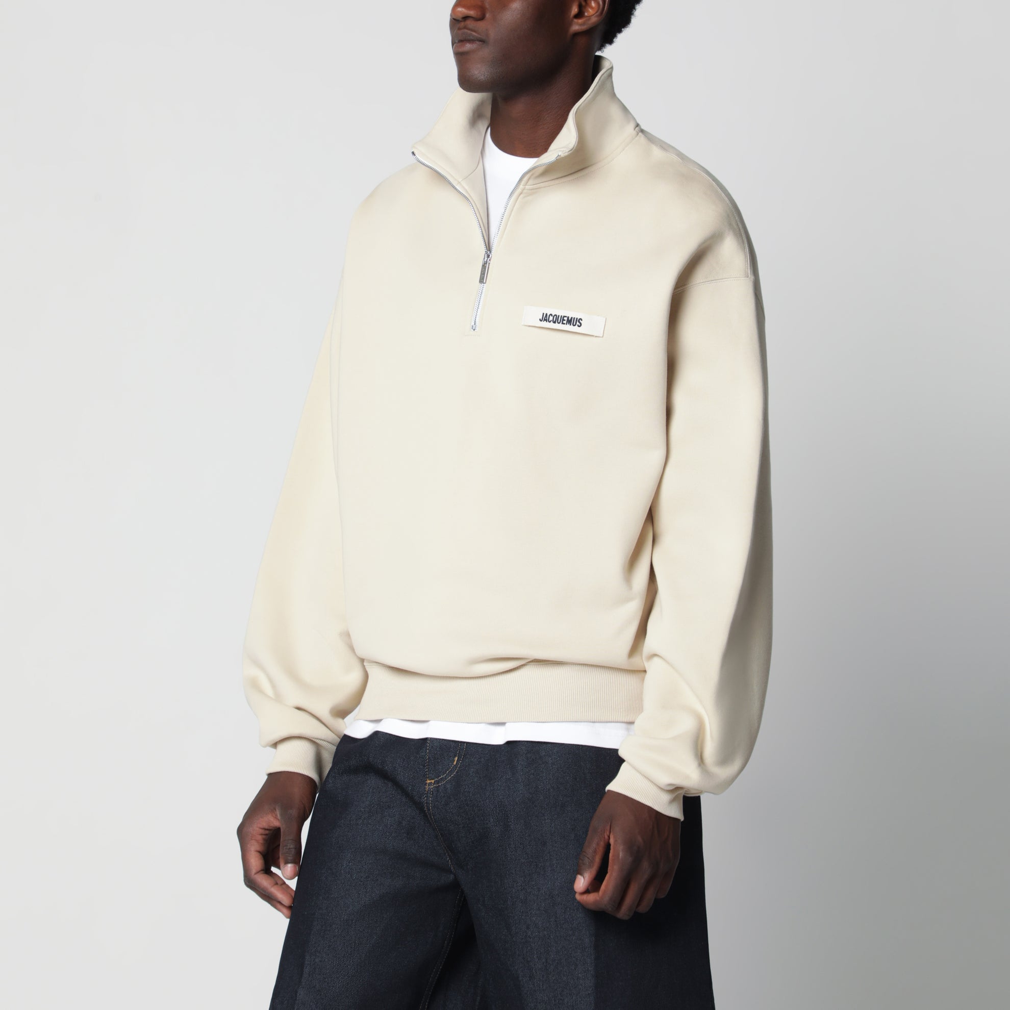 Beige Half-Zip Sweatshirt with Grosgrain Logo