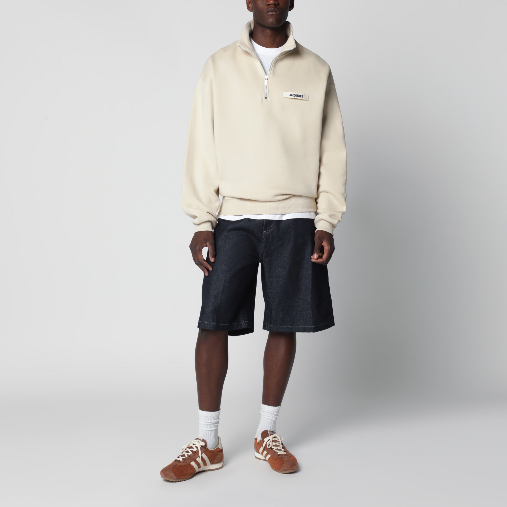 Beige Half-Zip Sweatshirt with Grosgrain Logo