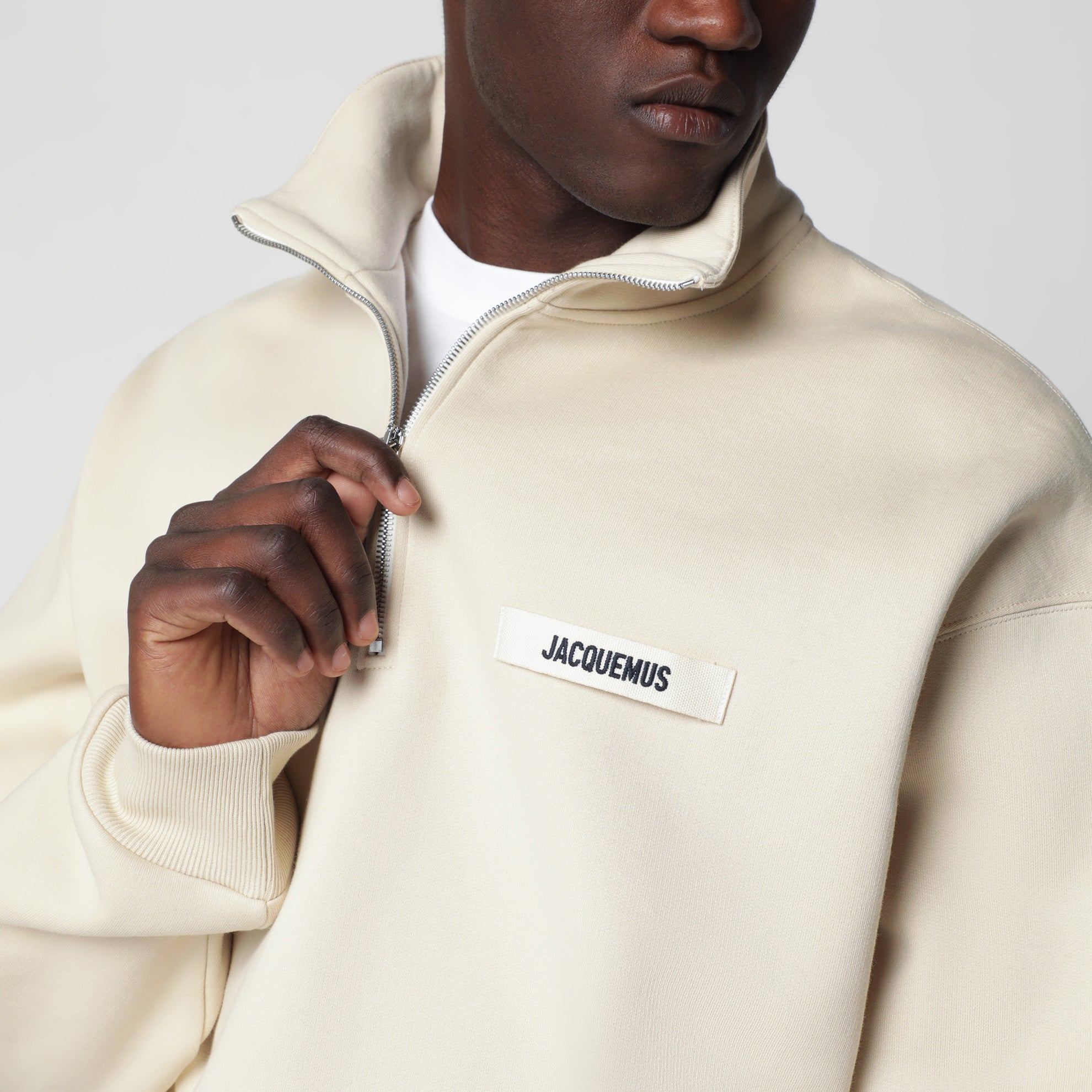 Beige Half-Zip Sweatshirt with Grosgrain Logo