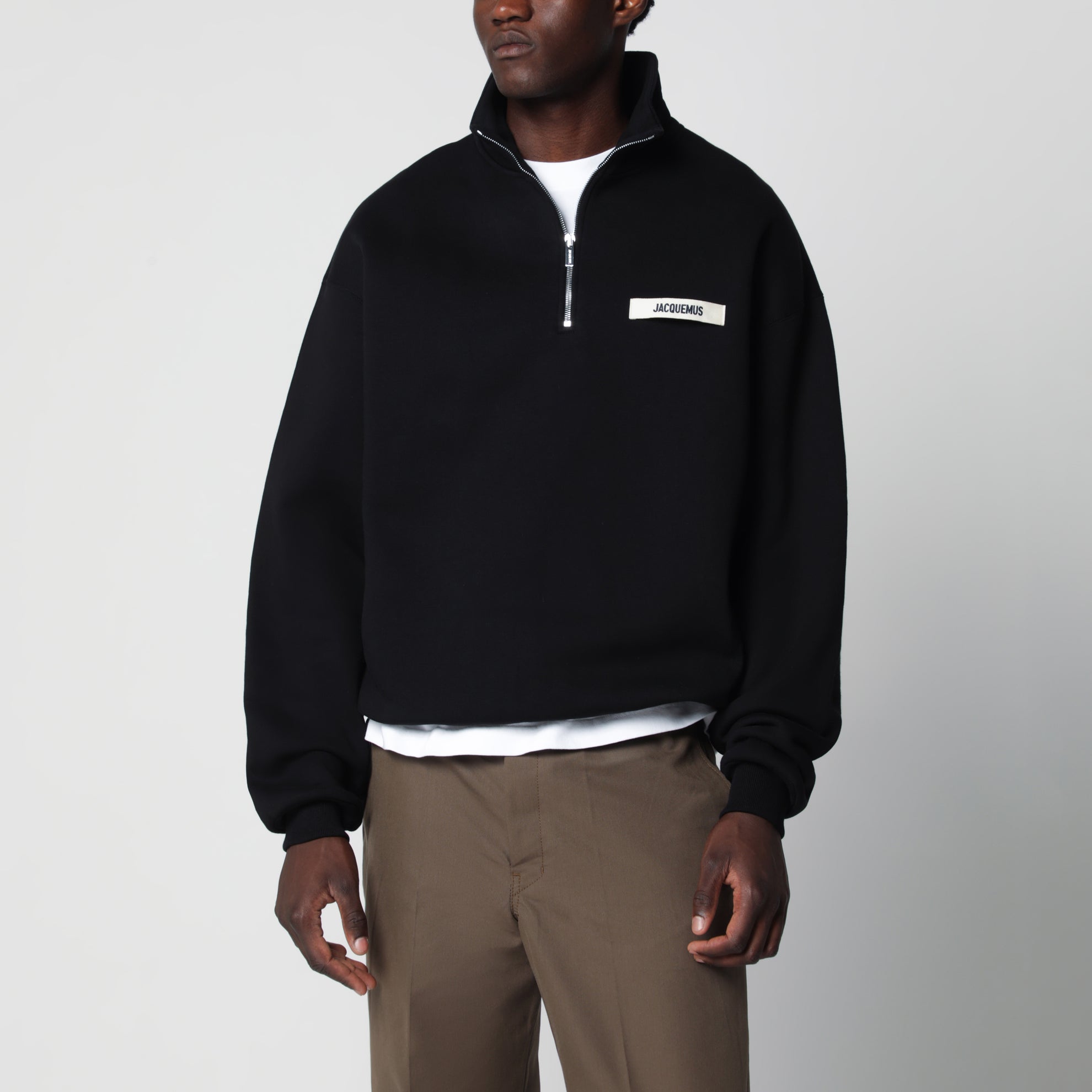 Felpa con collo e zip nera in Gros Grain