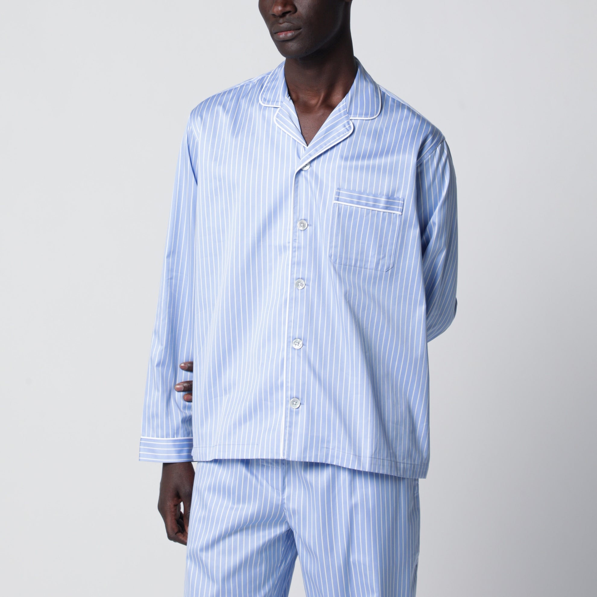 Light blue pajama shirt with white stripes