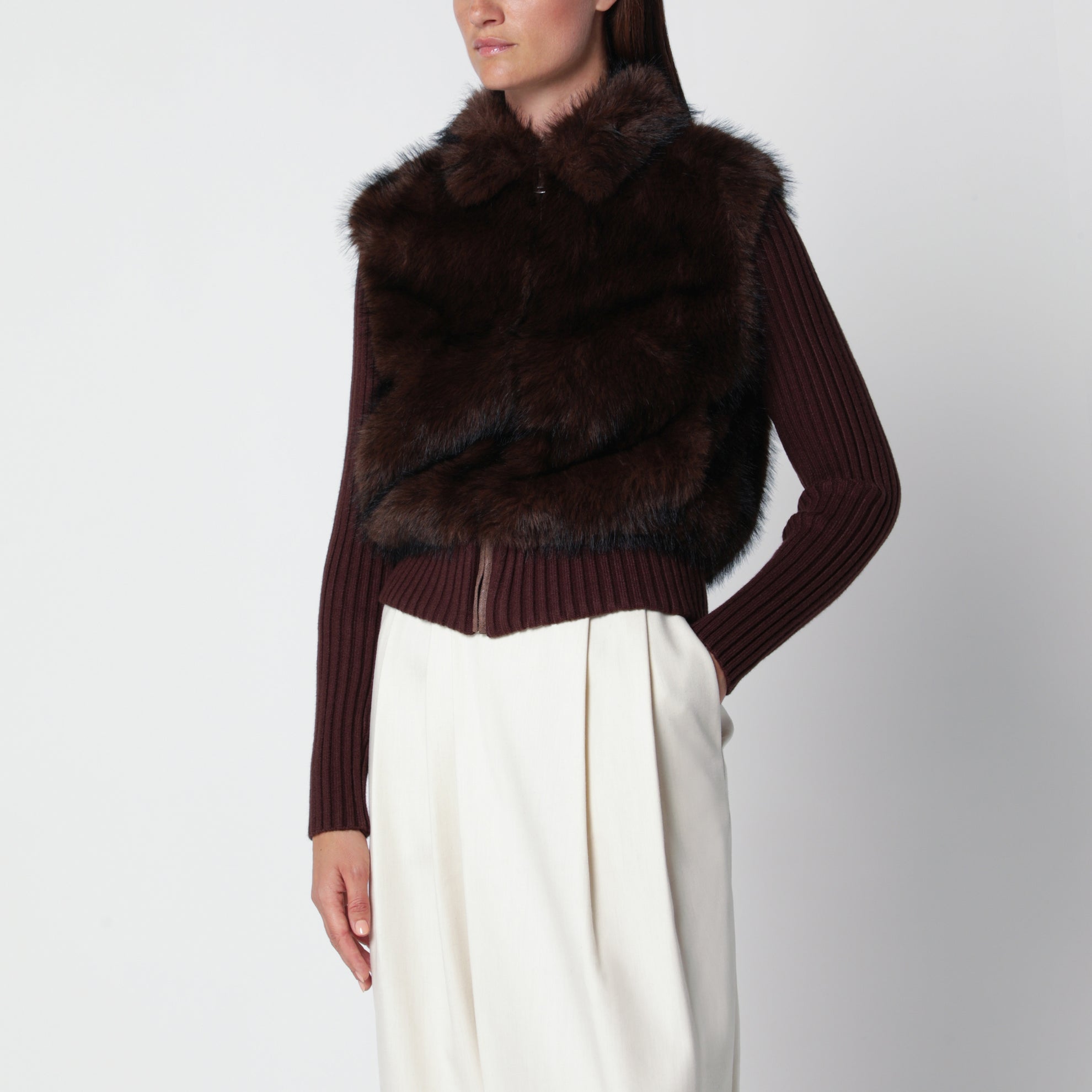 Cardigan Meti marrone con inserto in eco pelliccia
