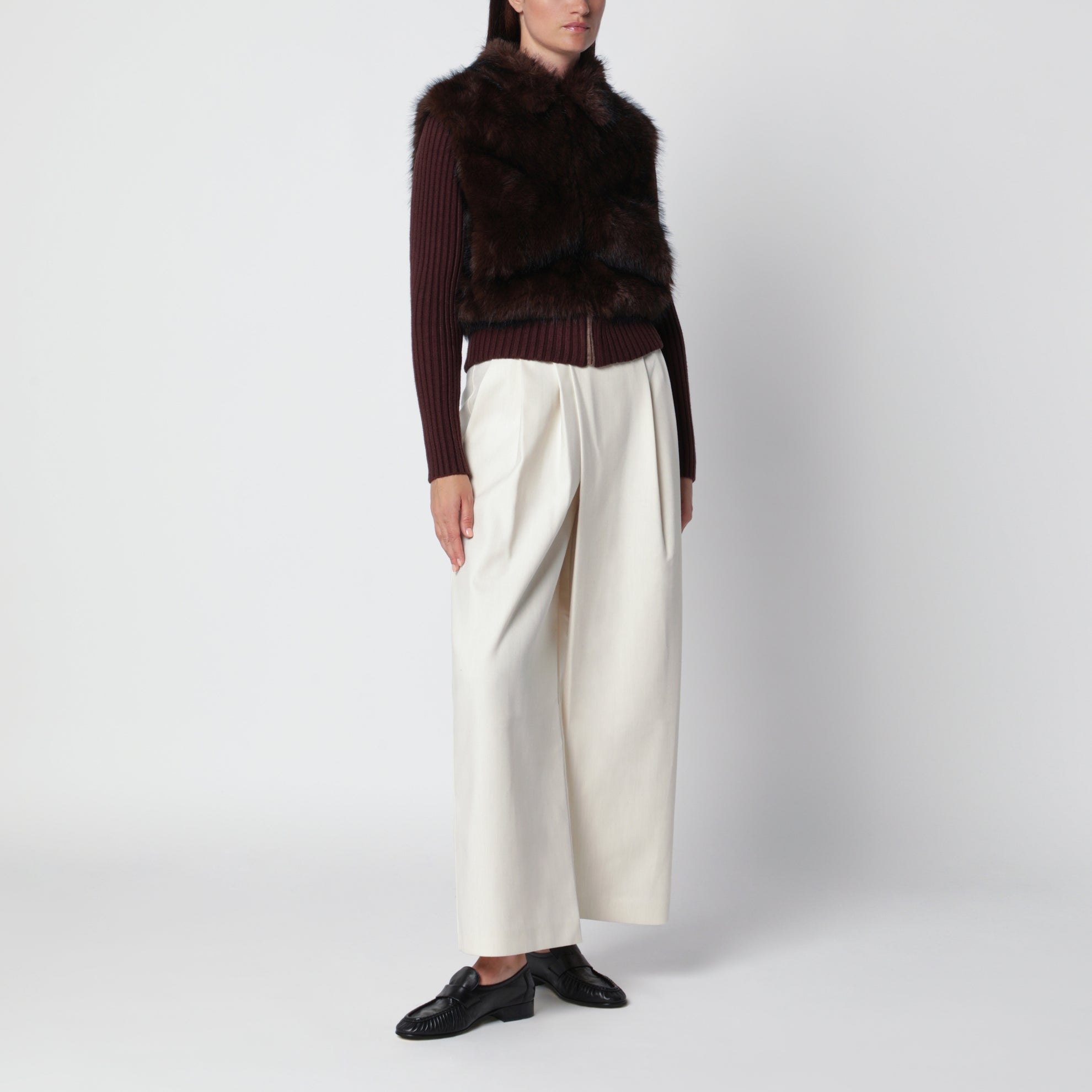 Cardigan Meti marrone con inserto in eco pelliccia