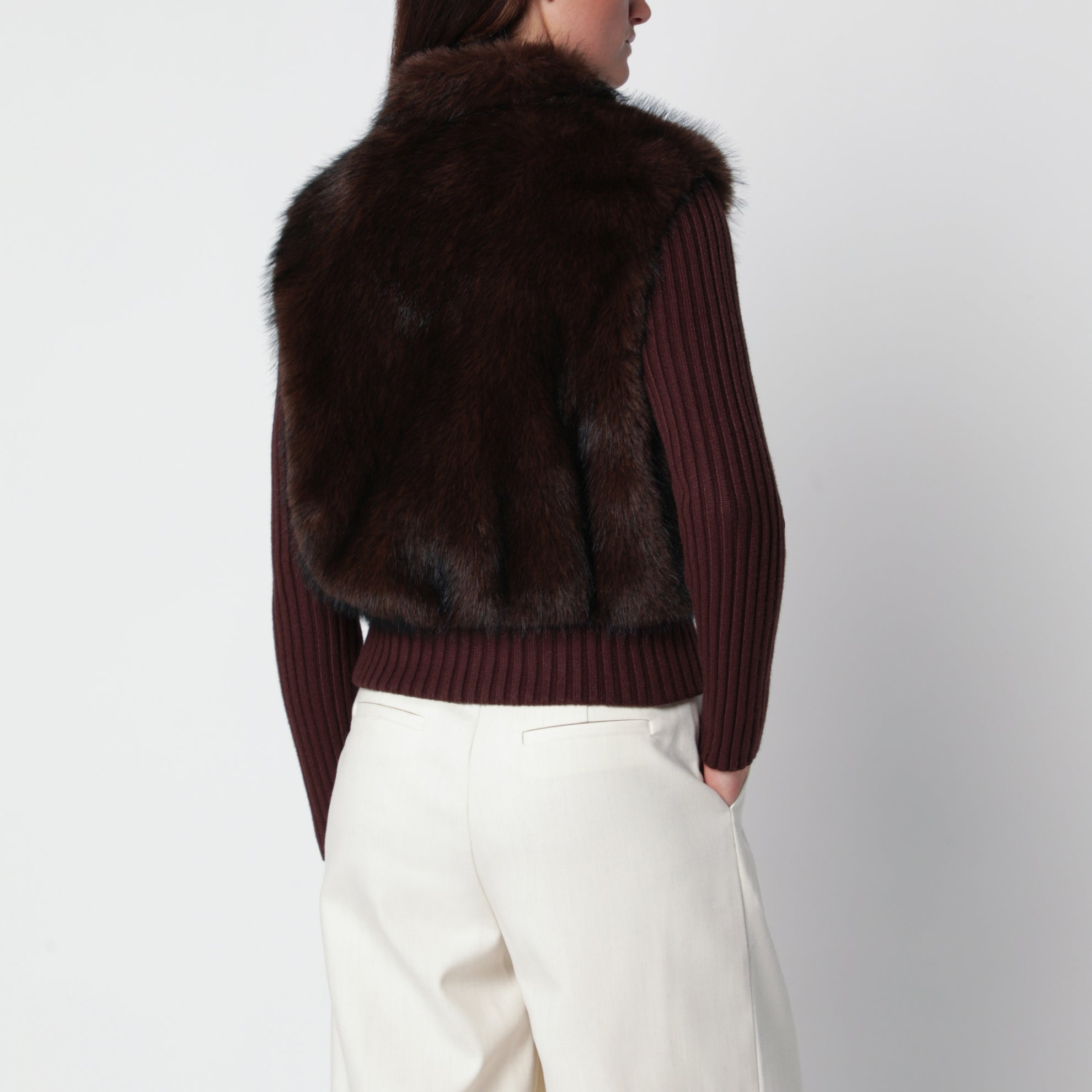 Cardigan Meti marrone con inserto in eco pelliccia