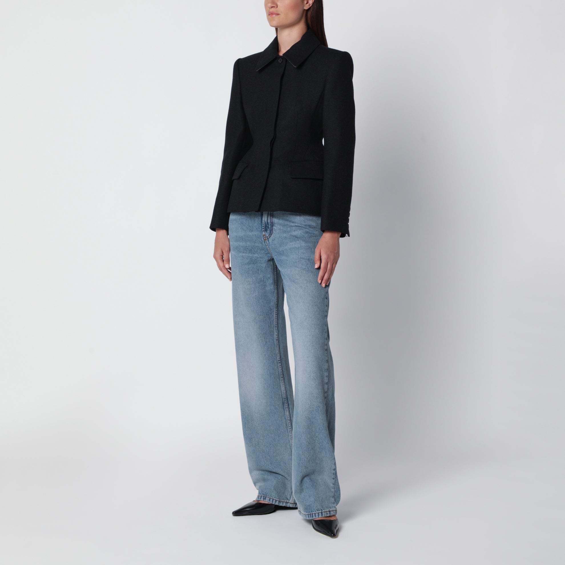 Veste noire à simple boutonnage en mélange de laine