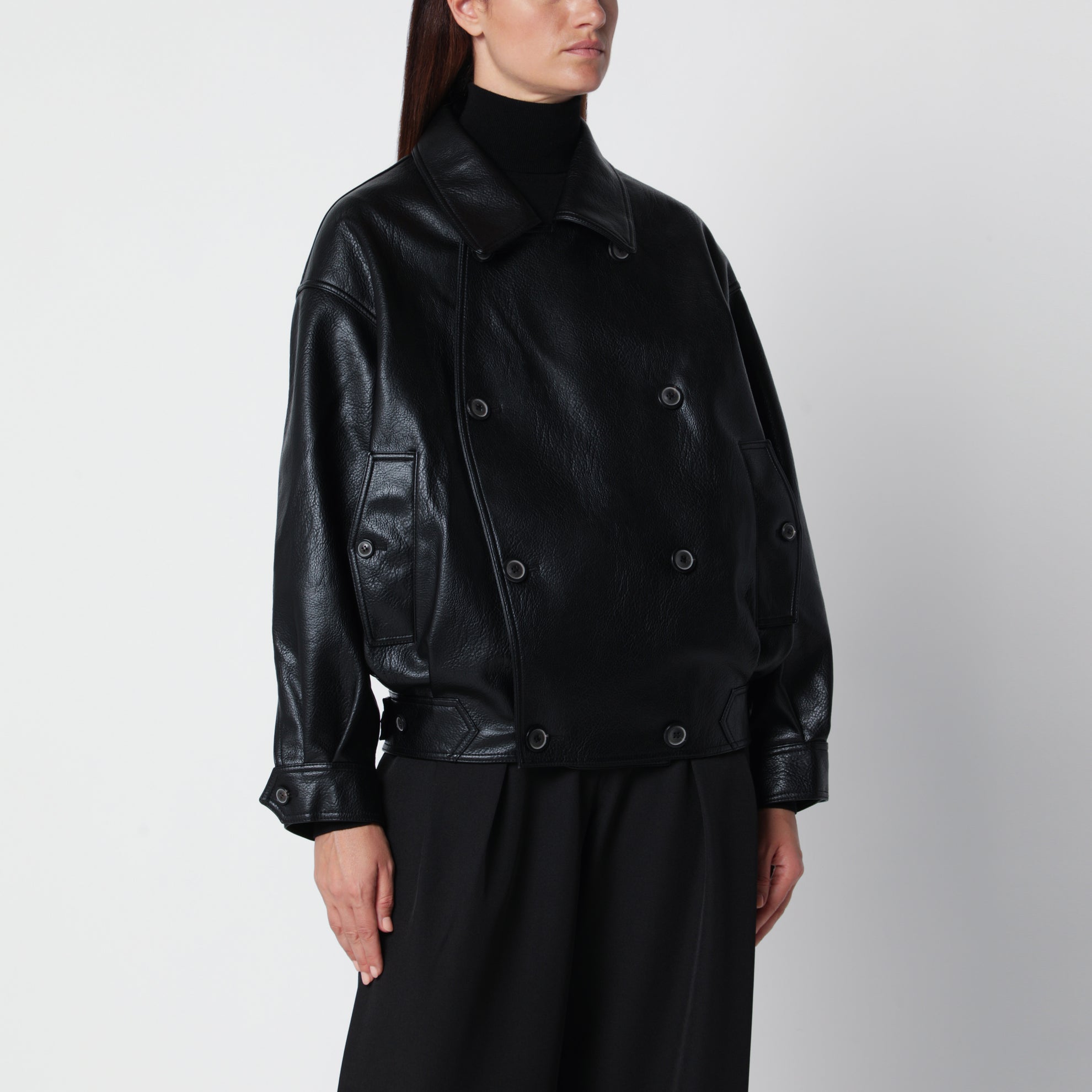 Black double-breasted jacket in faux leather