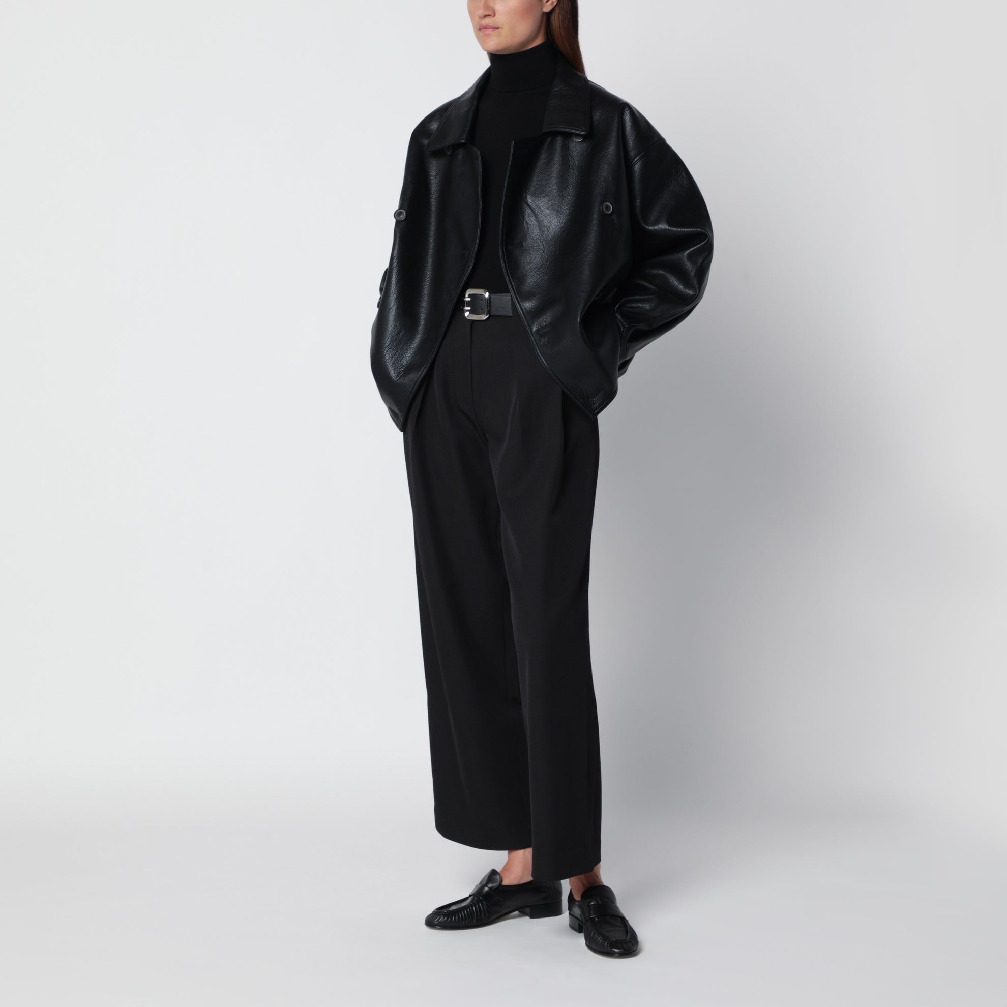 Black double-breasted jacket in faux leather