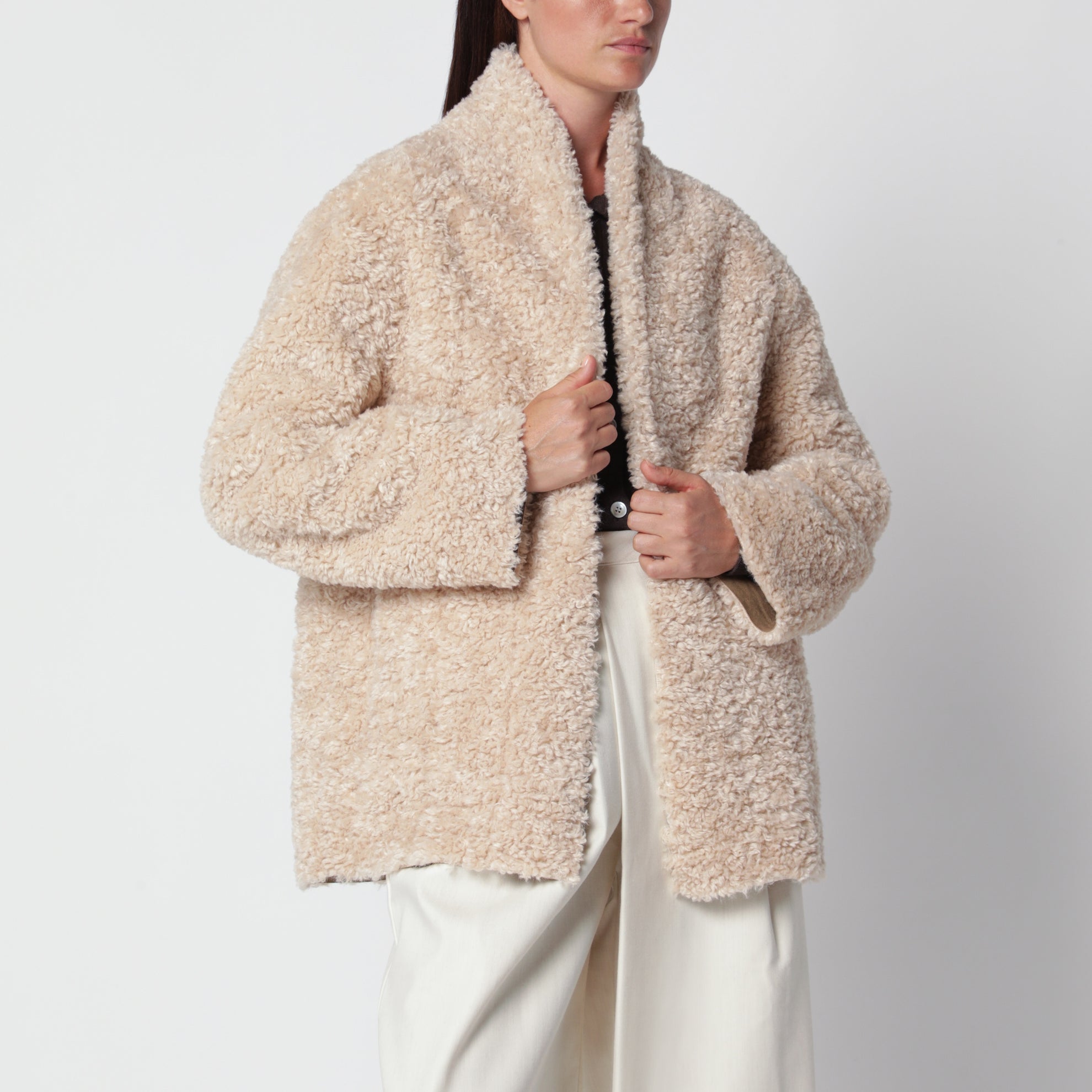 Manuela beige Jacke aus Shearling in Teddy-Optik