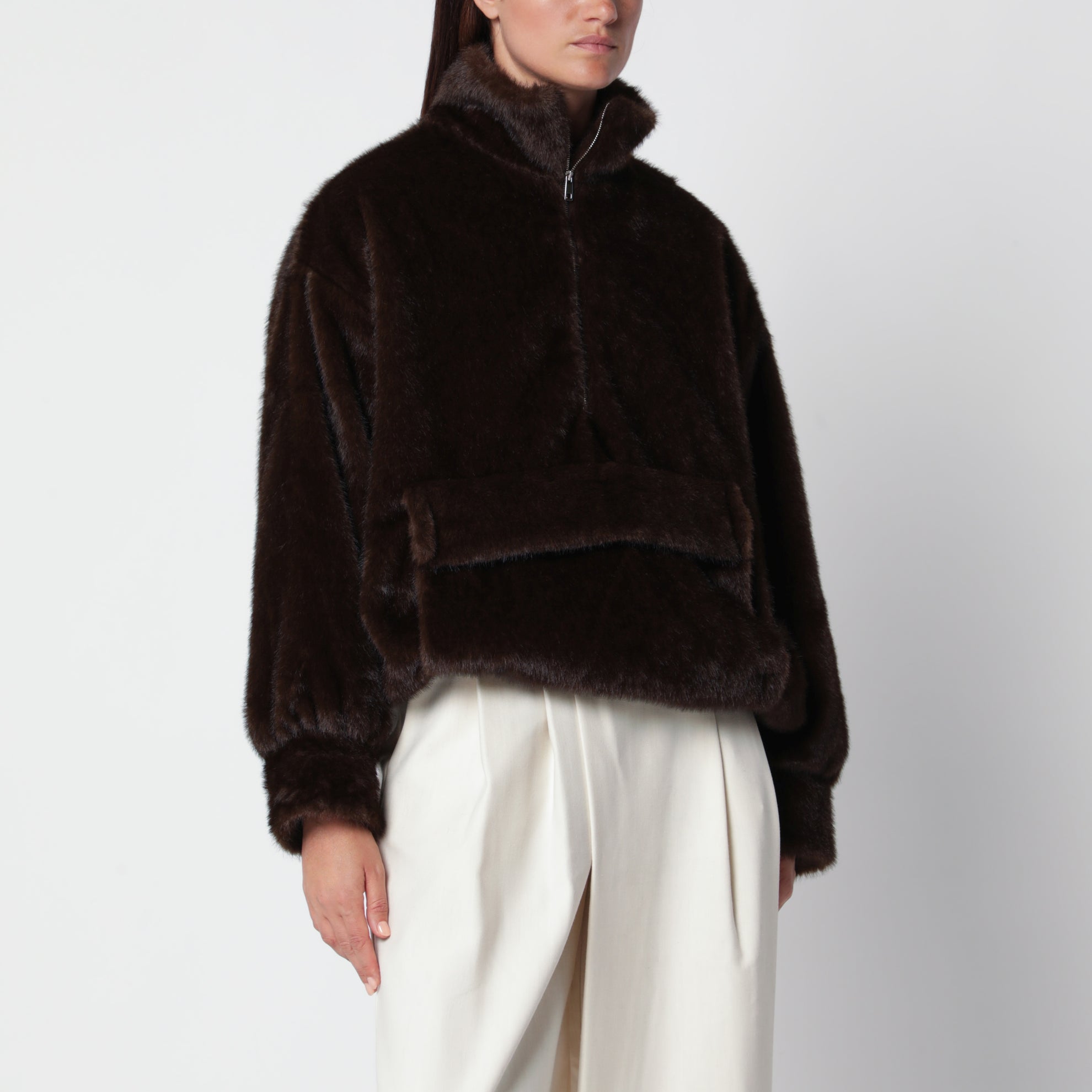 Brown faux fur half-zip sweatshirt