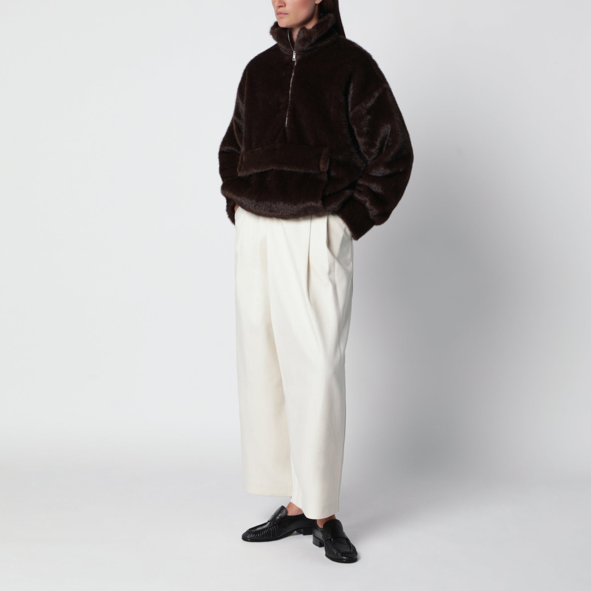 Brown faux fur half-zip sweatshirt