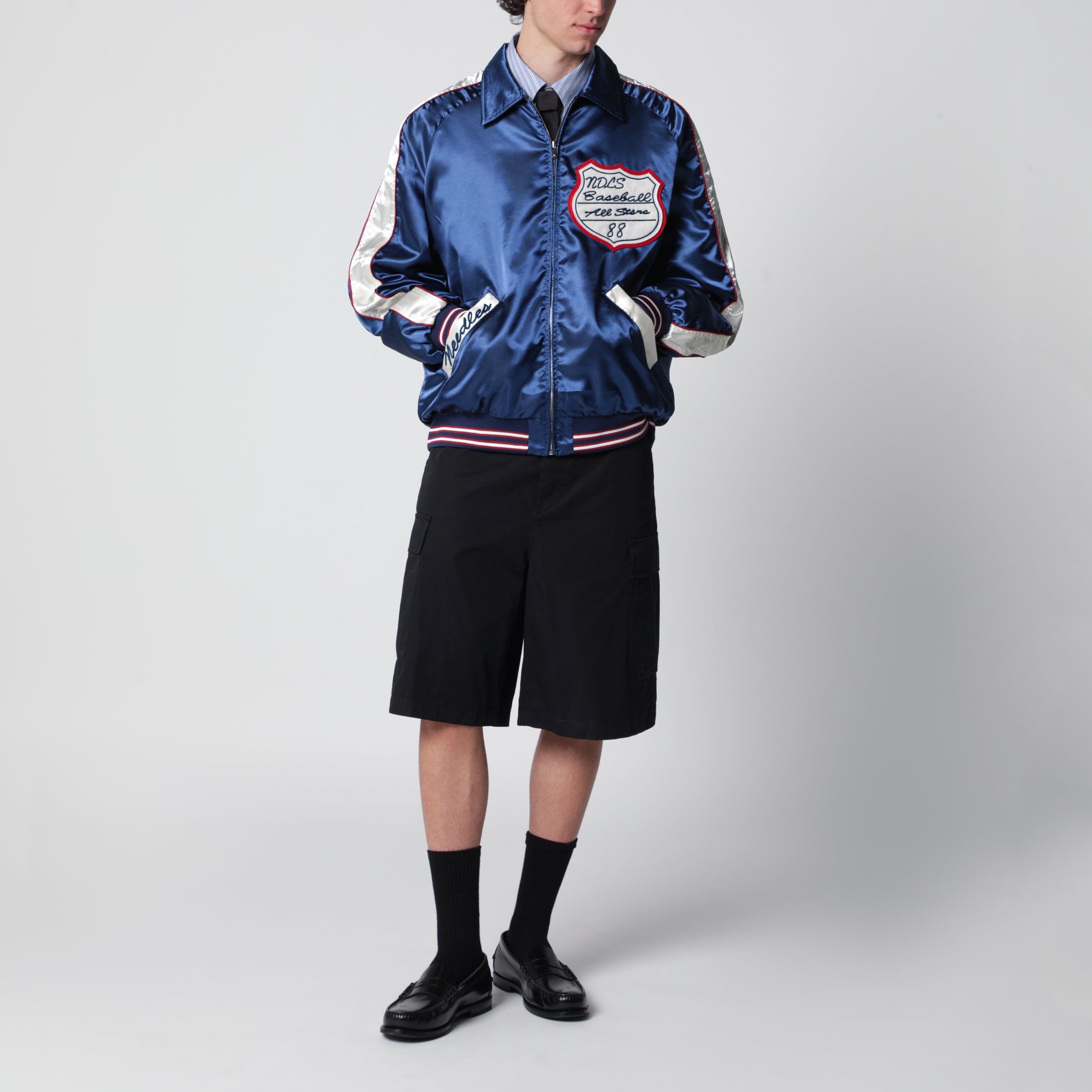 Needles Stadium Jacket in polyester satin, navy | TheDoubleF