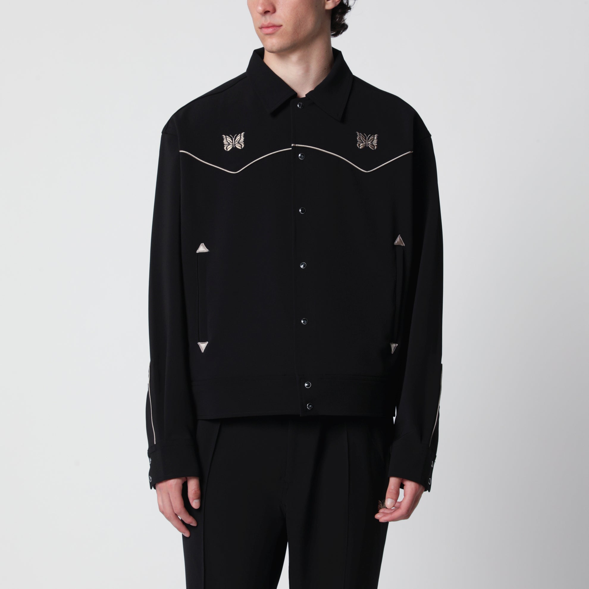Piping cowboy jacket in stretch polyester black