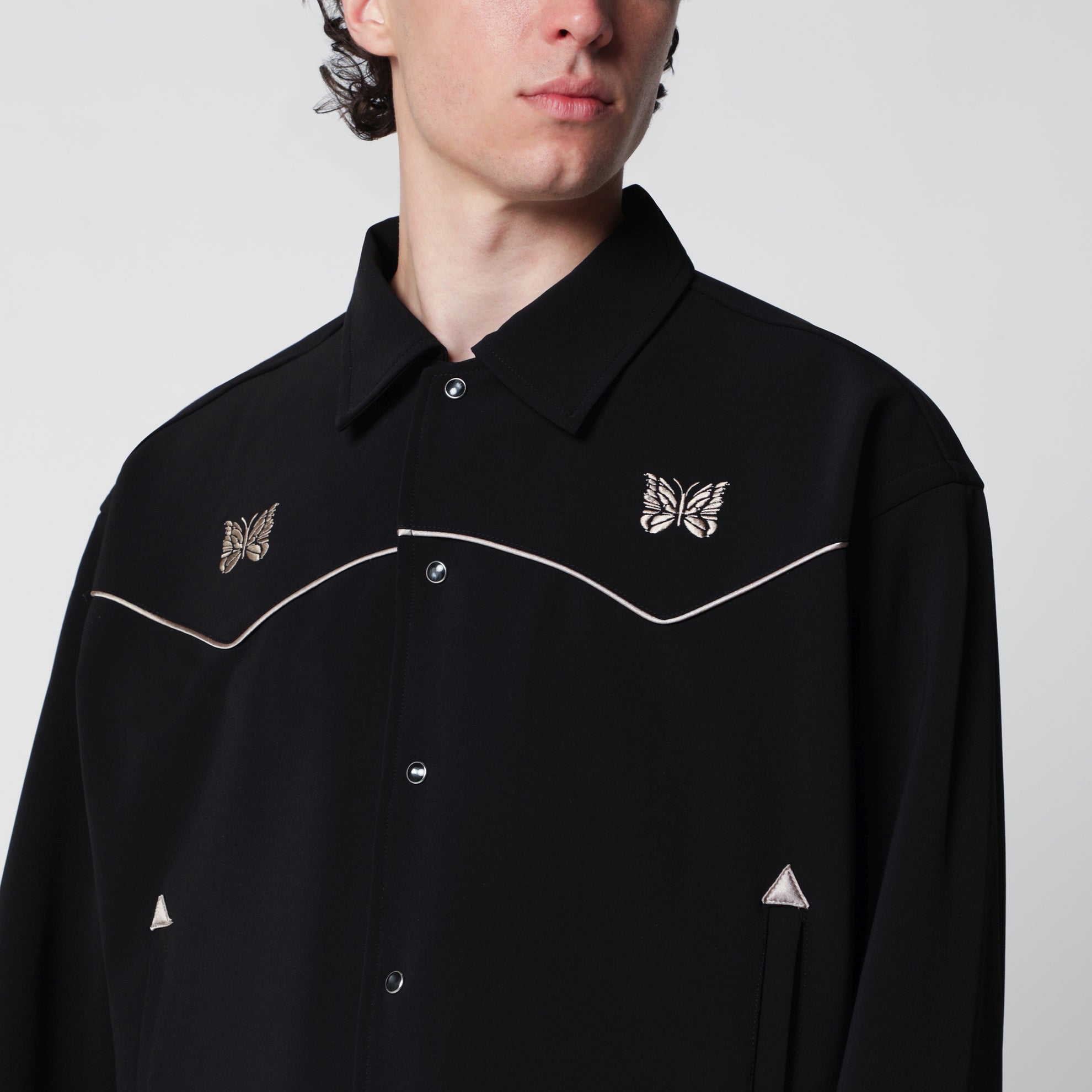 Piping cowboy jacket in stretch polyester black