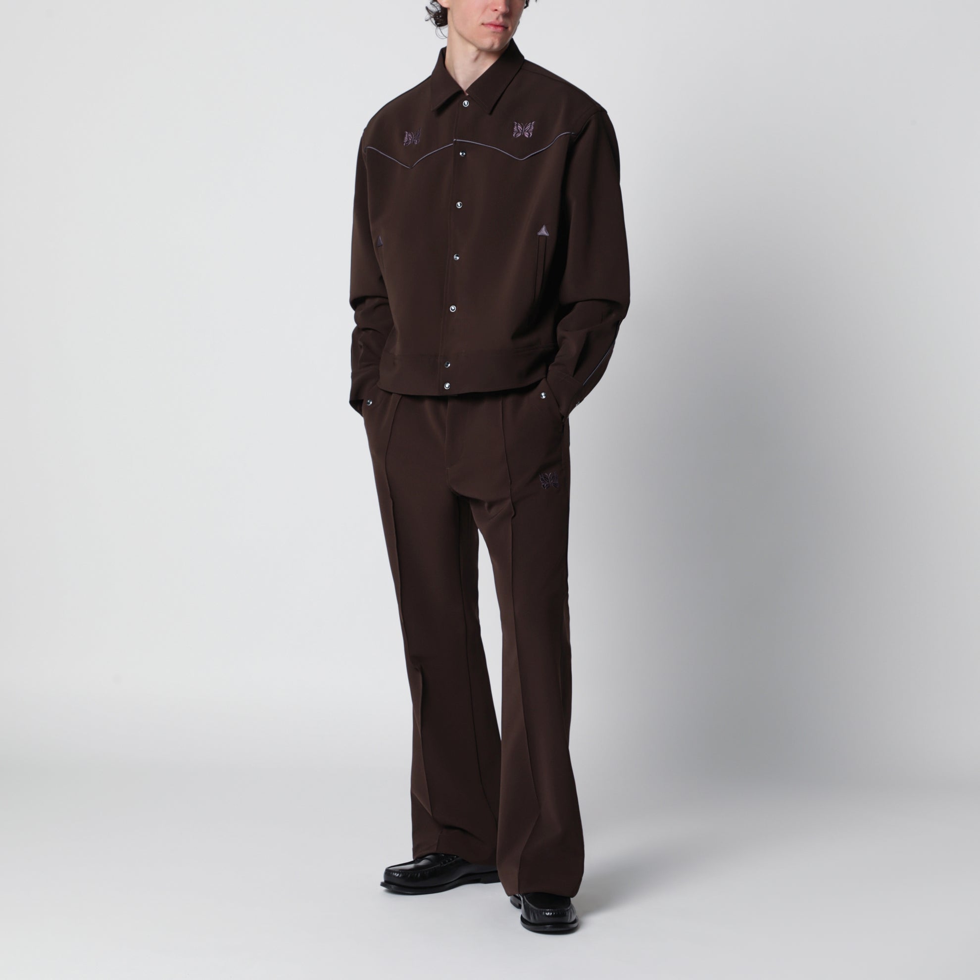 Piping cowboy jacket in stretch polyester brown