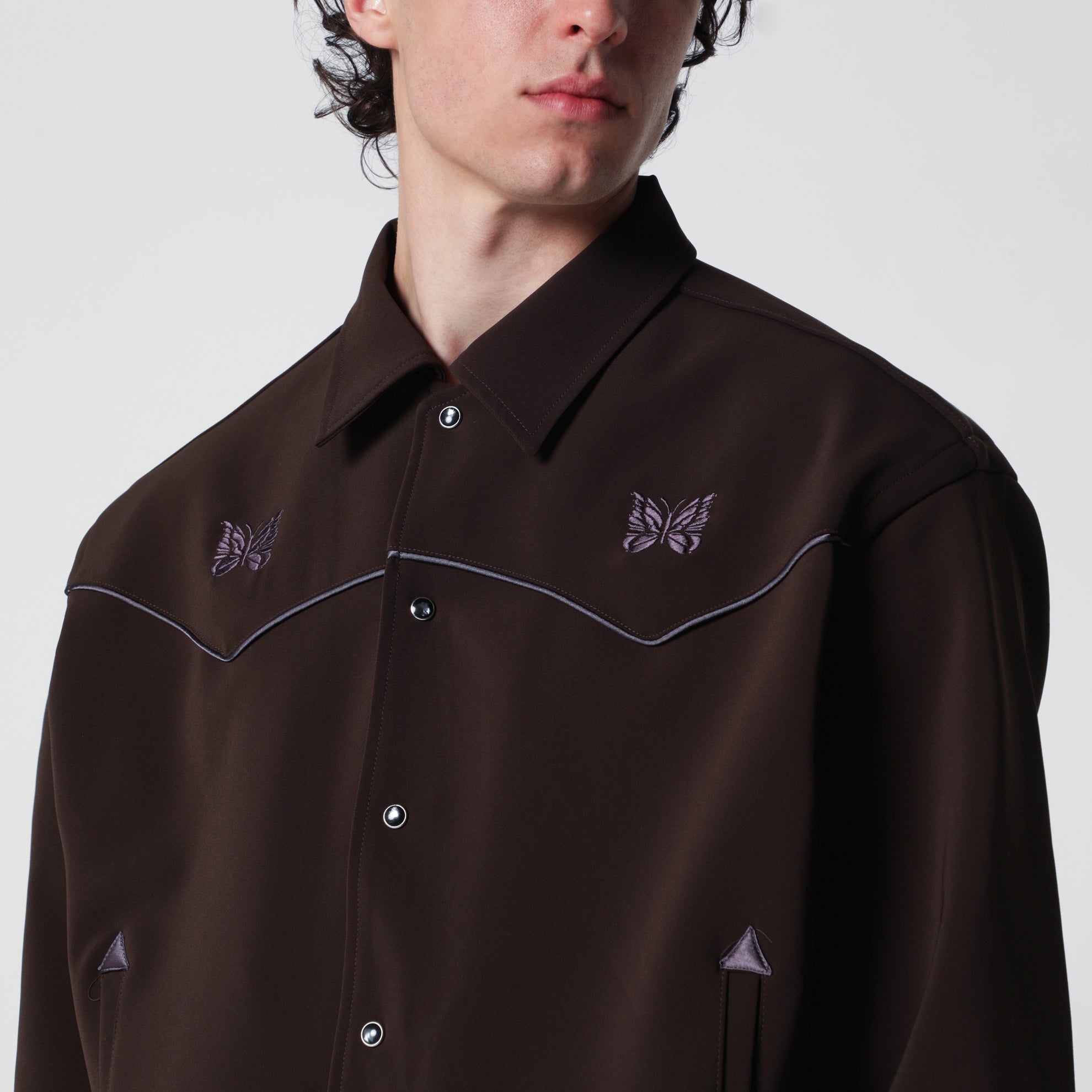 Piping cowboy jacket in stretch polyester brown