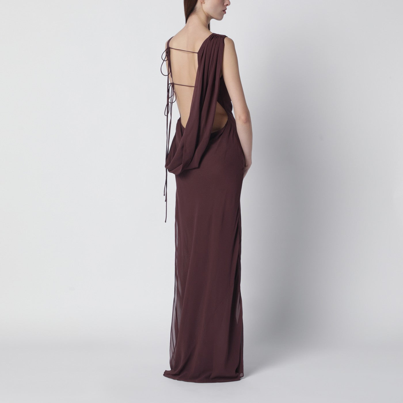 aubergine long dress Drape neck detail gown