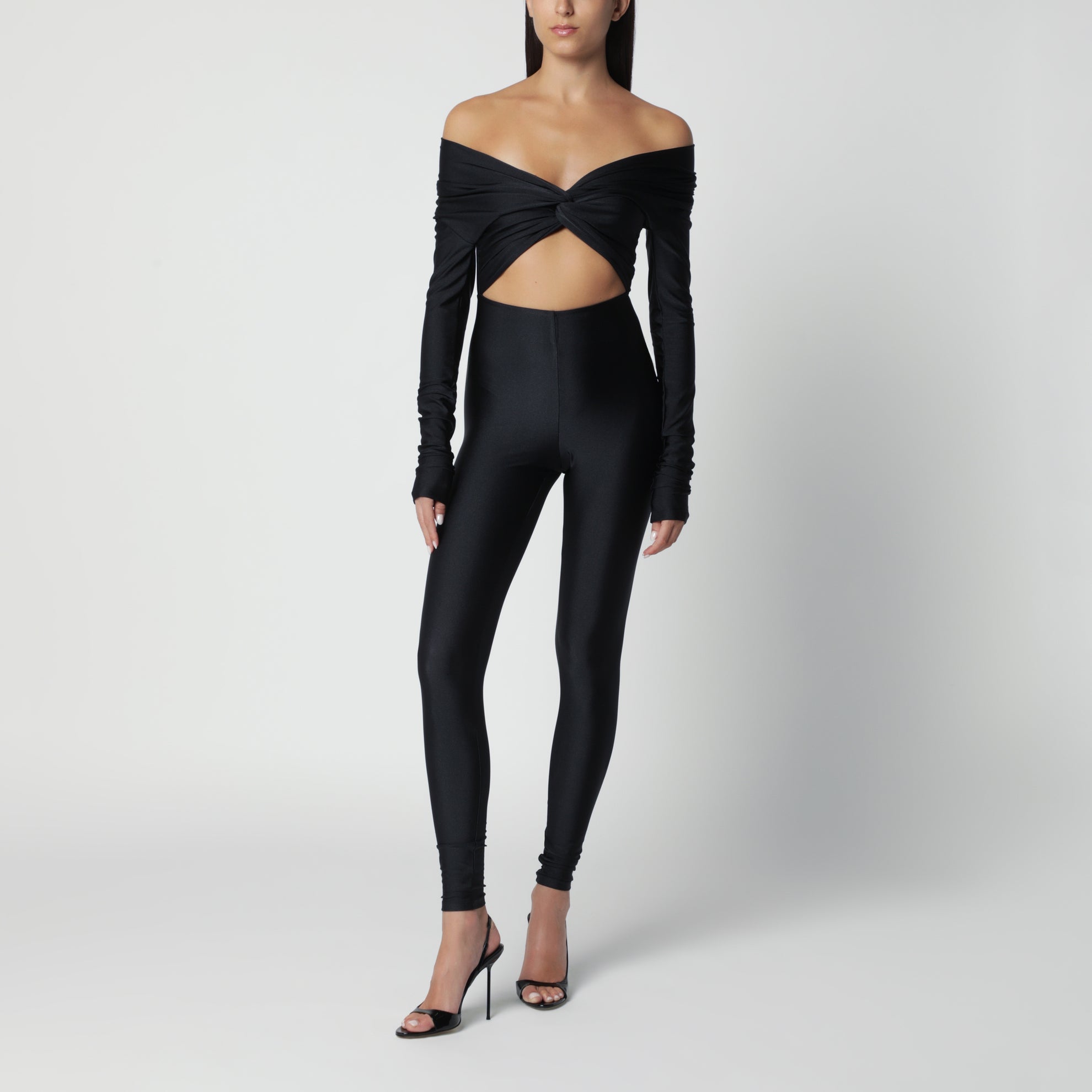 Schwarzer Kendall-Jumpsuit aus glänzendem Stretch-Lycra