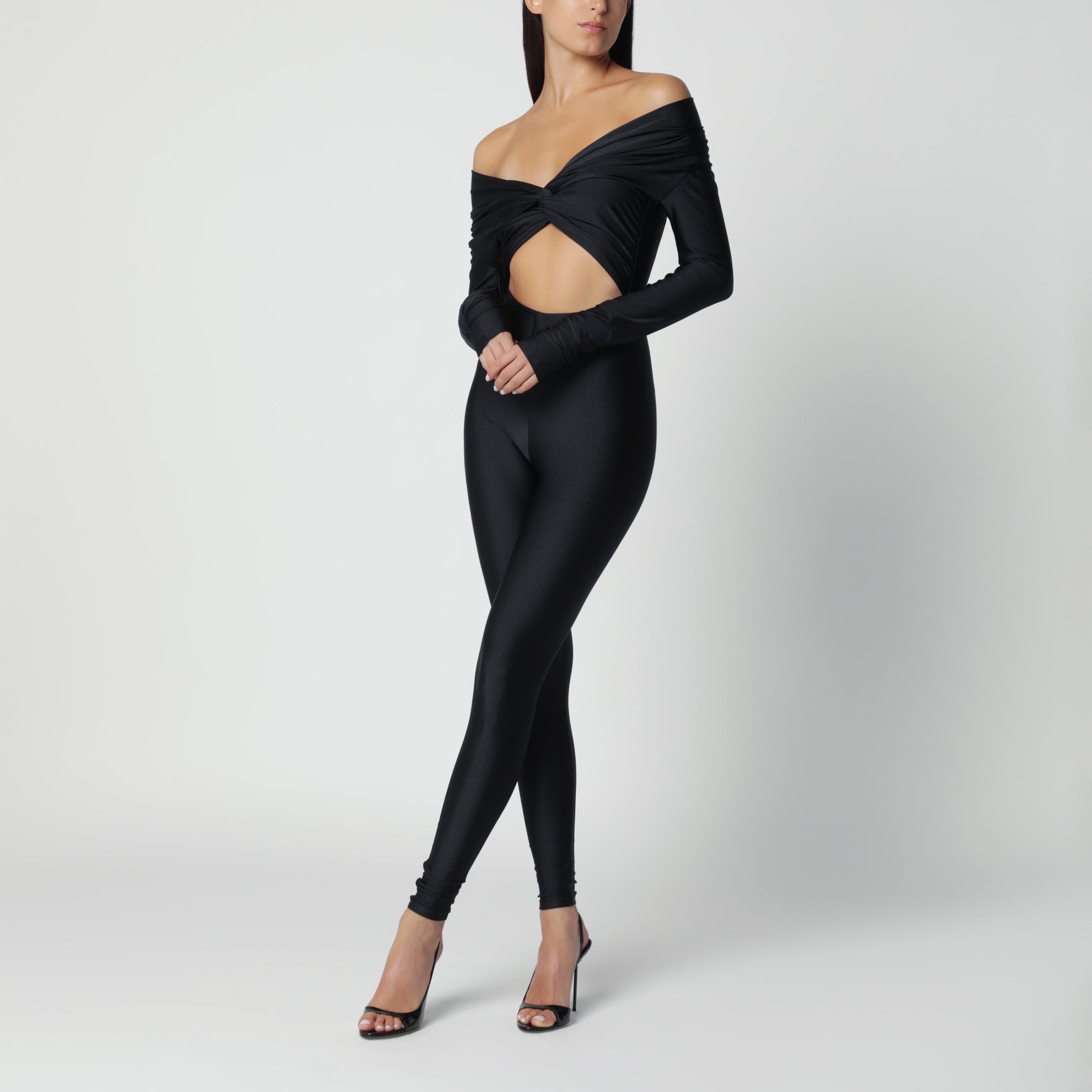 Schwarzer Kendall-Jumpsuit aus glänzendem Stretch-Lycra