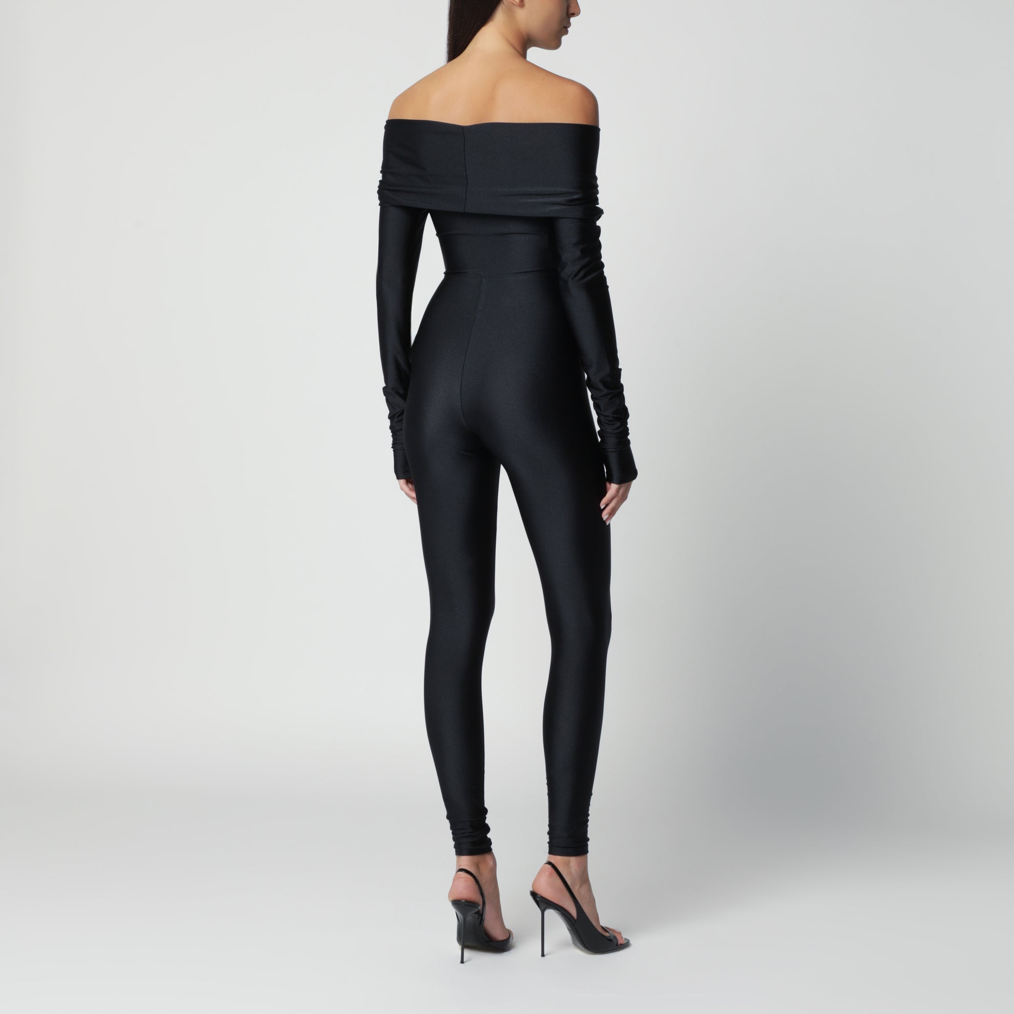 Schwarzer Kendall-Jumpsuit aus glänzendem Stretch-Lycra