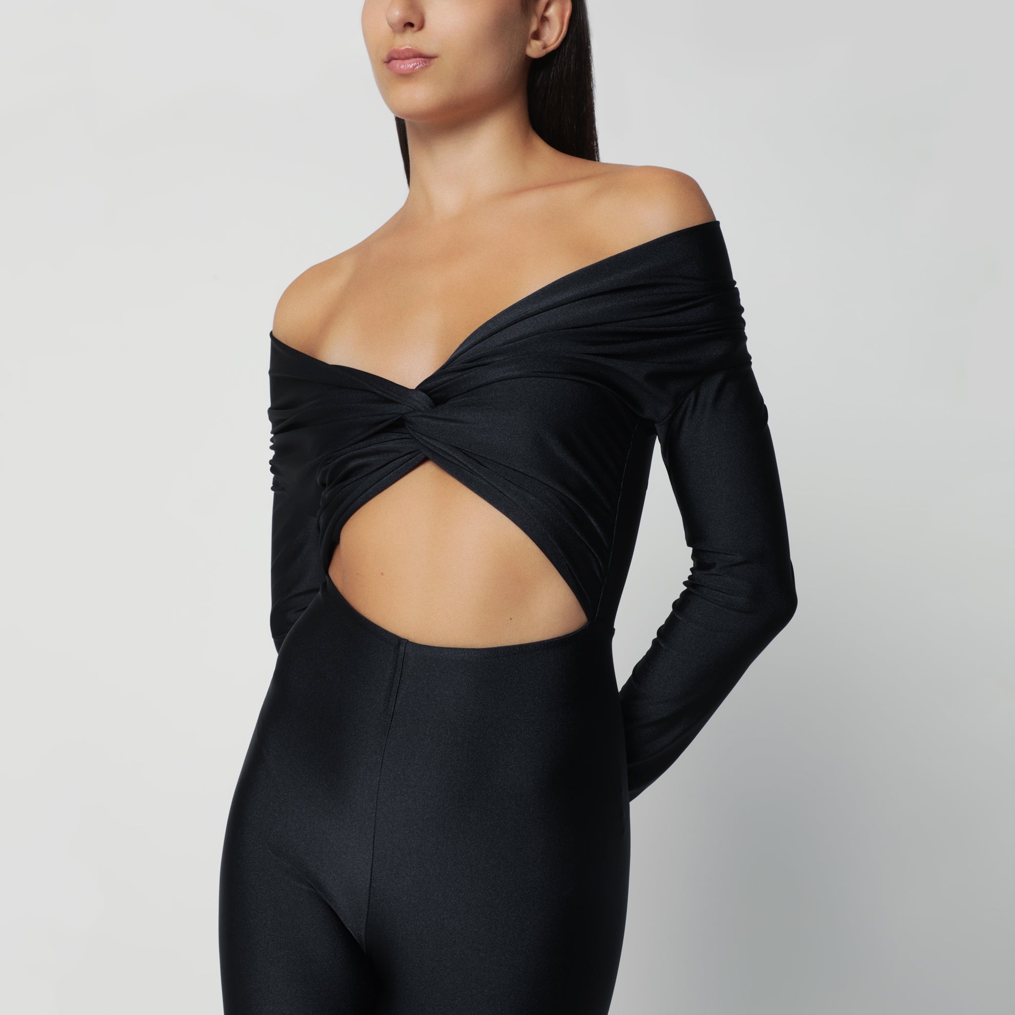 Schwarzer Kendall-Jumpsuit aus glänzendem Stretch-Lycra