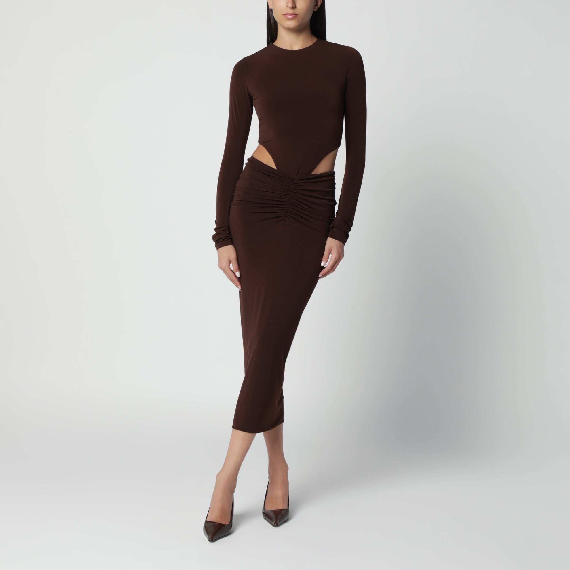 The Andamane Brown midi dress with waist cut-out detail